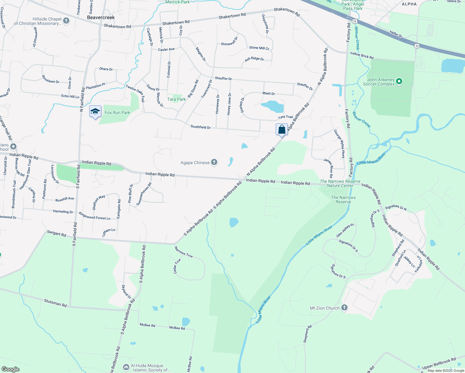 map of restaurants, bars, coffee shops, grocery stores, and more near 45 South Alpha Bellbrook Road in Xenia