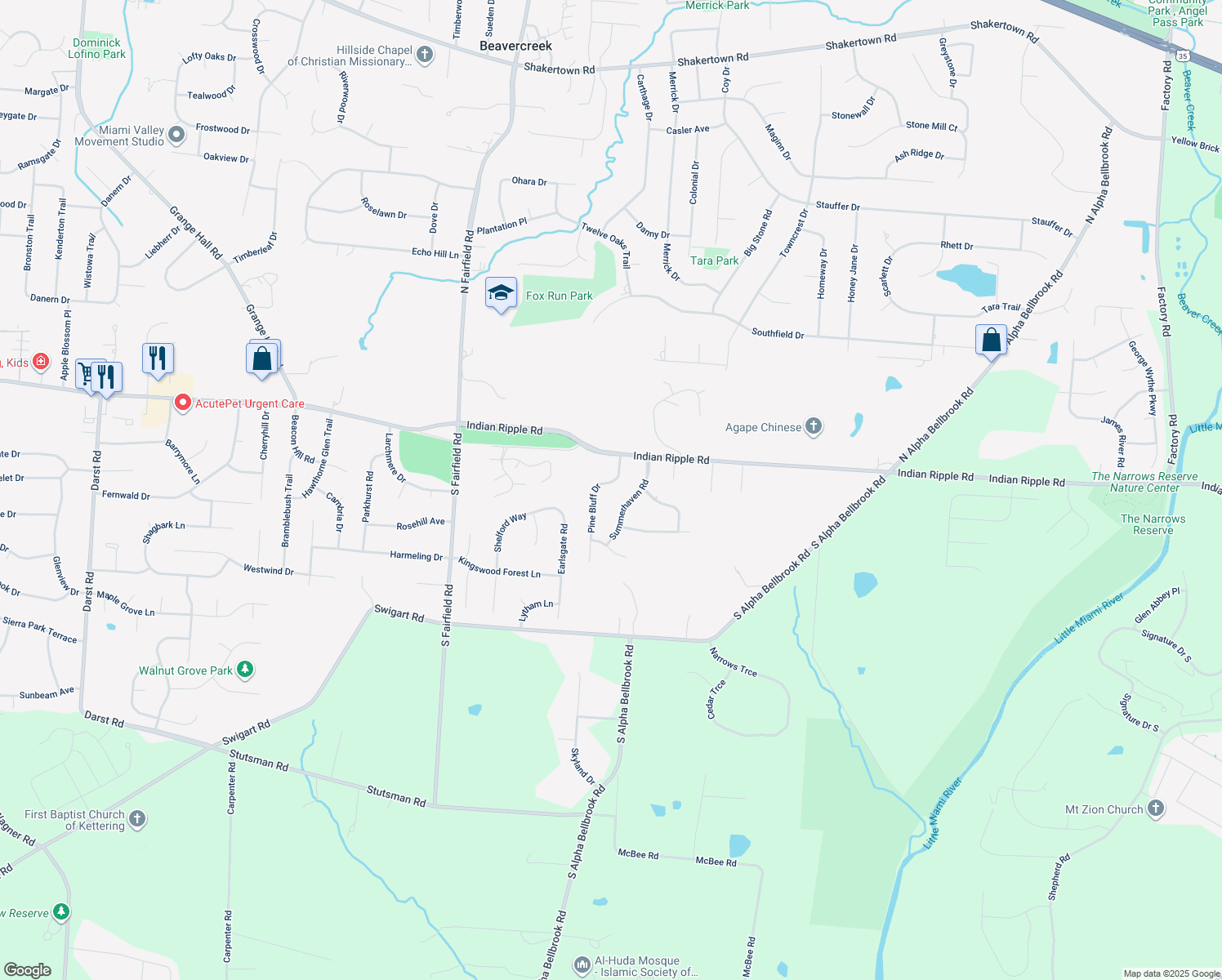 map of restaurants, bars, coffee shops, grocery stores, and more near 42 Pine Bluff Drive in Dayton
