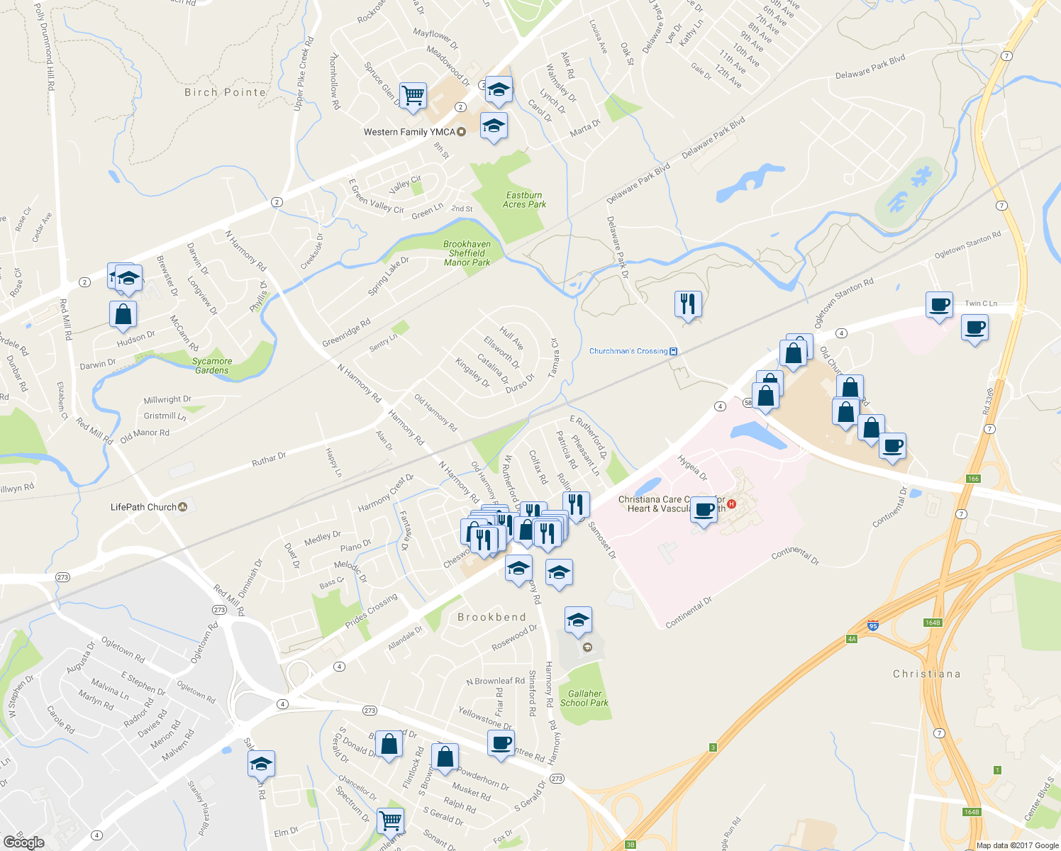 map of restaurants, bars, coffee shops, grocery stores, and more near 157 West Rutherford Drive in Newark