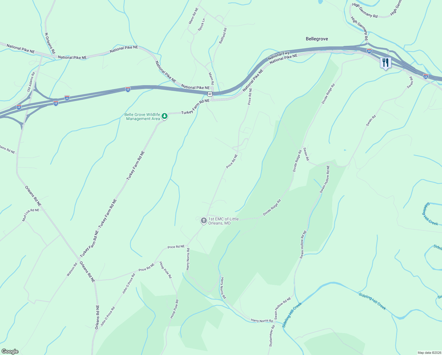map of restaurants, bars, coffee shops, grocery stores, and more near 12005 Price Road Northeast in Little Orleans