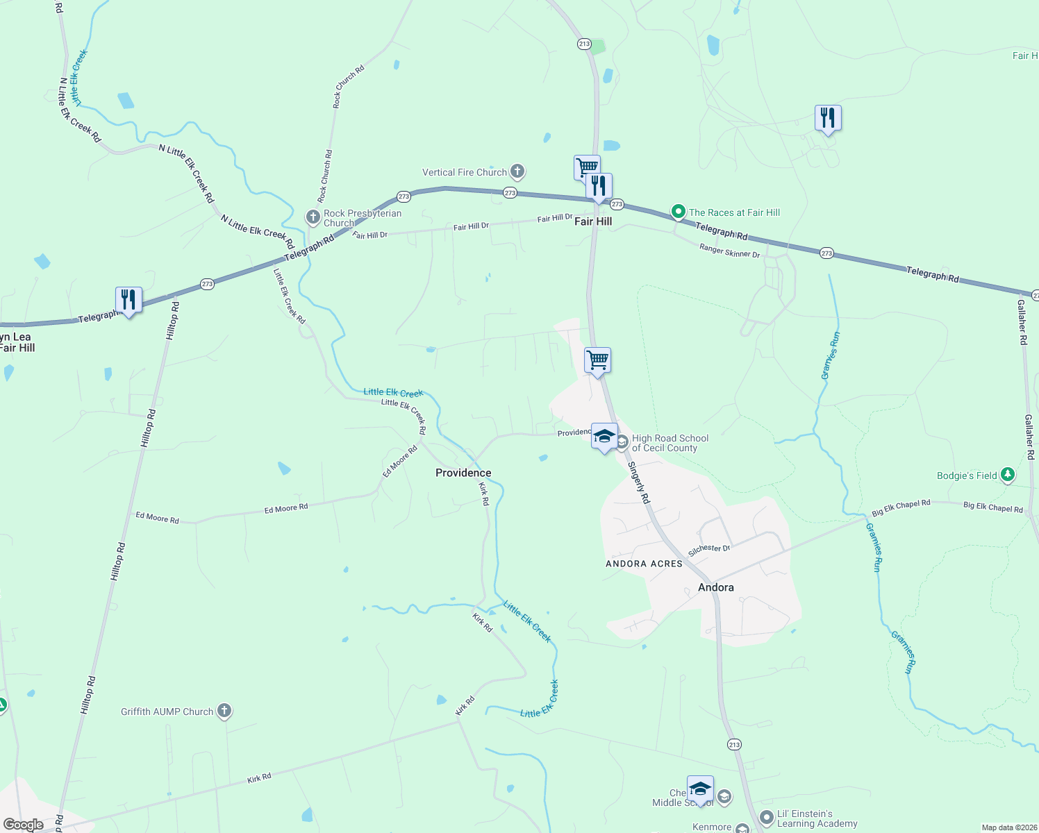 map of restaurants, bars, coffee shops, grocery stores, and more near 191 Providence Road in Elkton