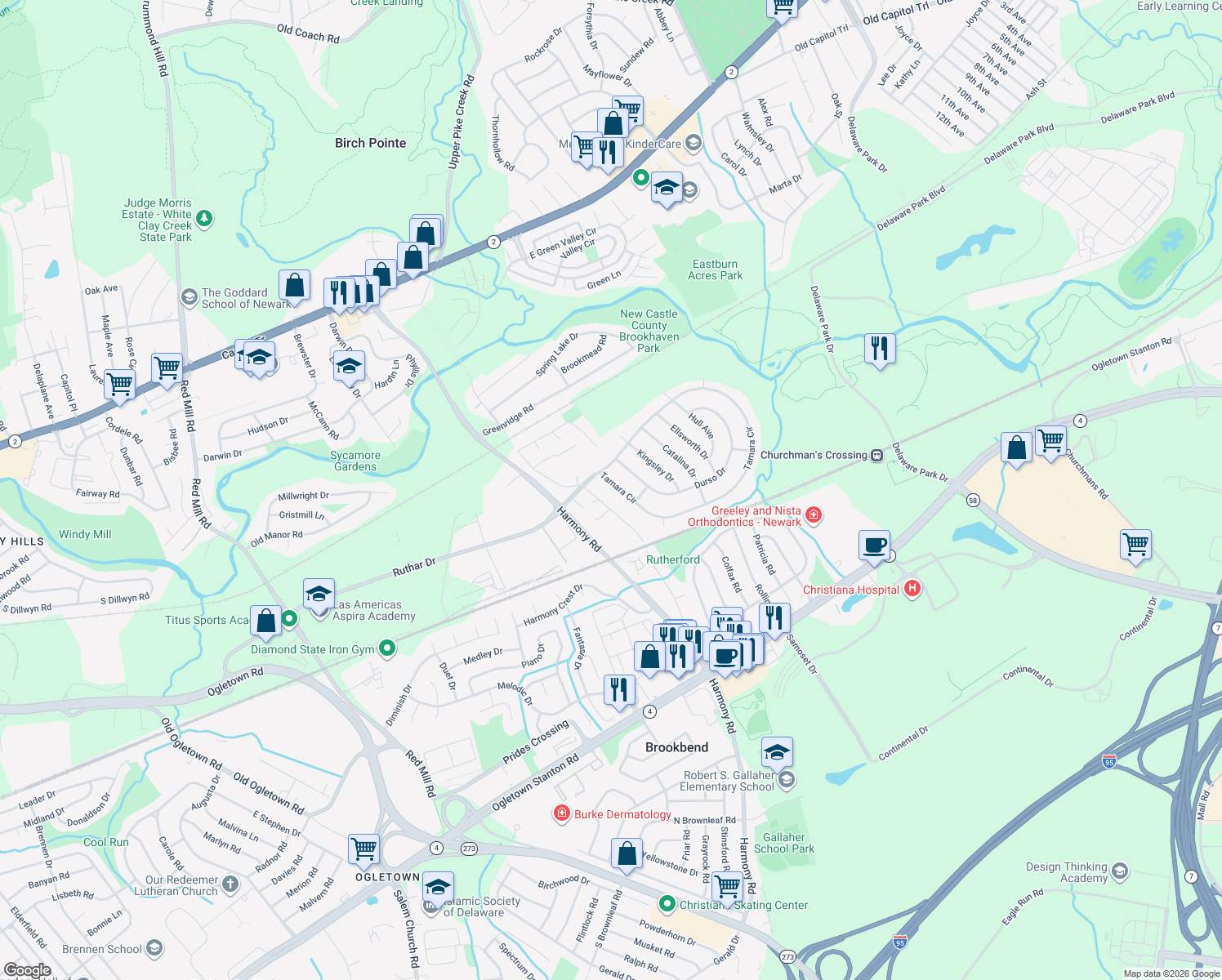 map of restaurants, bars, coffee shops, grocery stores, and more near 608 Tamara Circle in Newark