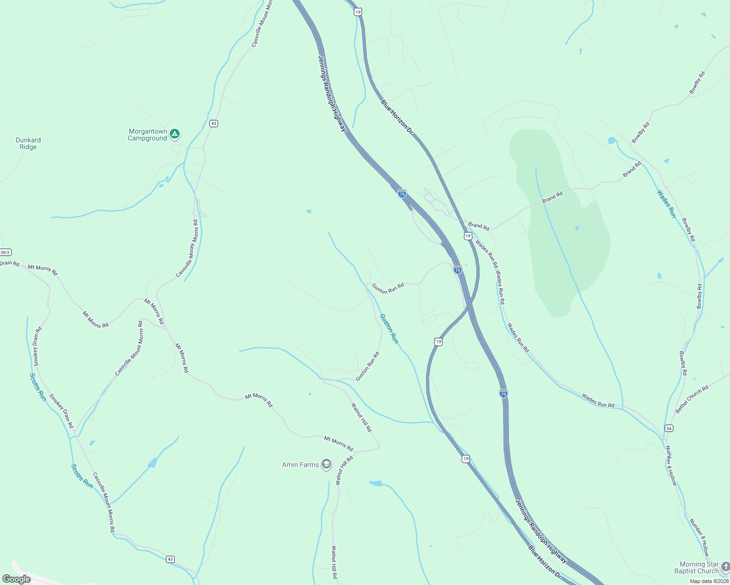 map of restaurants, bars, coffee shops, grocery stores, and more near 177 Guston Run Road in Morgantown