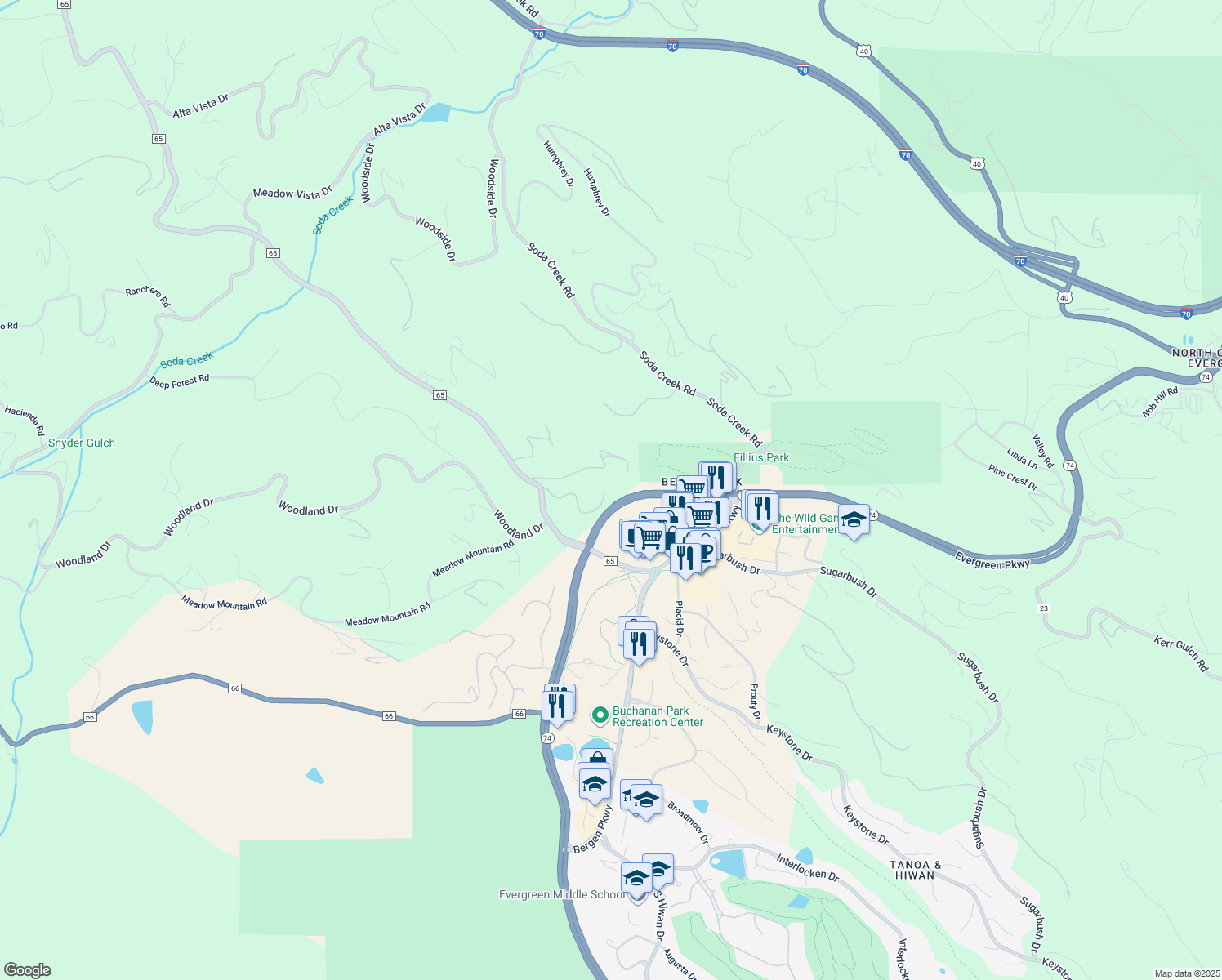 map of restaurants, bars, coffee shops, grocery stores, and more near 32007 Fox Run Ln in Evergreen