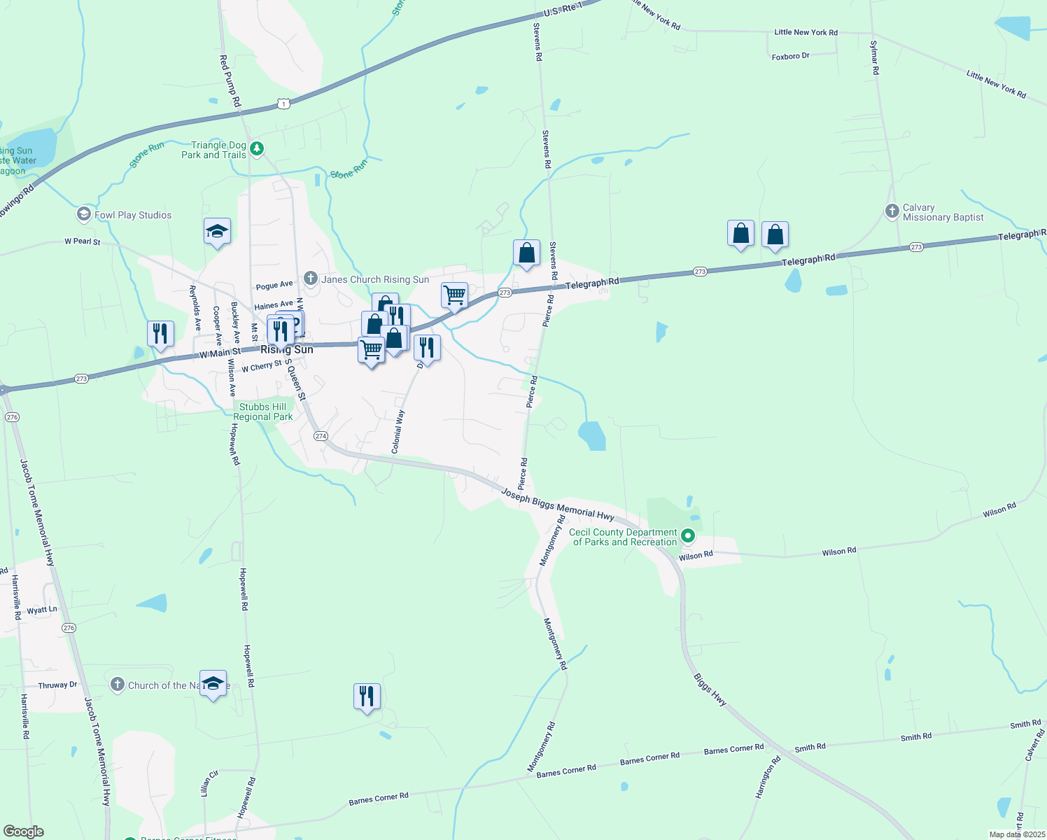 map of restaurants, bars, coffee shops, grocery stores, and more near 113 Pierce Road in Rising Sun