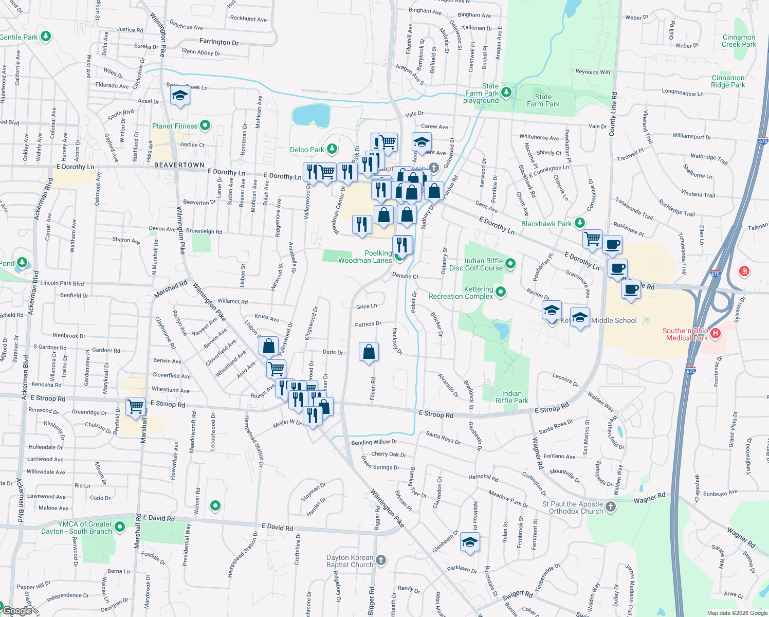 map of restaurants, bars, coffee shops, grocery stores, and more near 2188 Grice Lane in Dayton