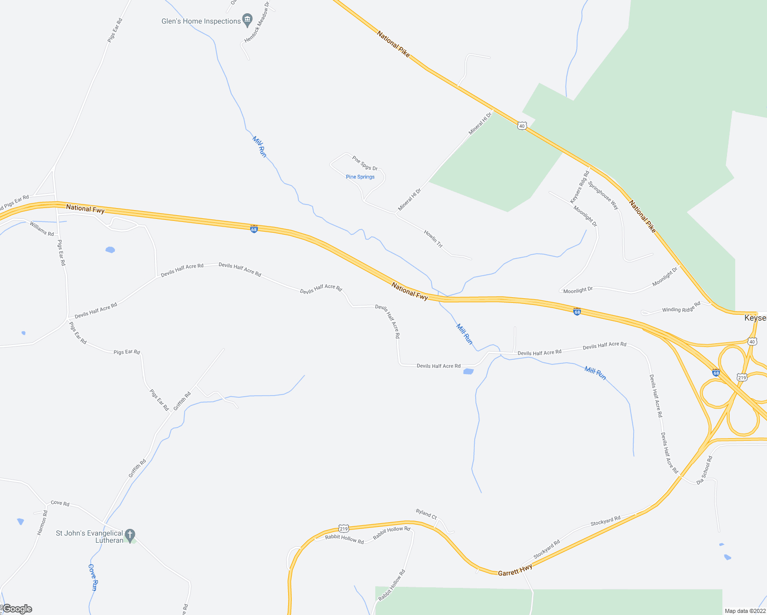 map of restaurants, bars, coffee shops, grocery stores, and more near 1739 Devils Half Acre Road in Accident