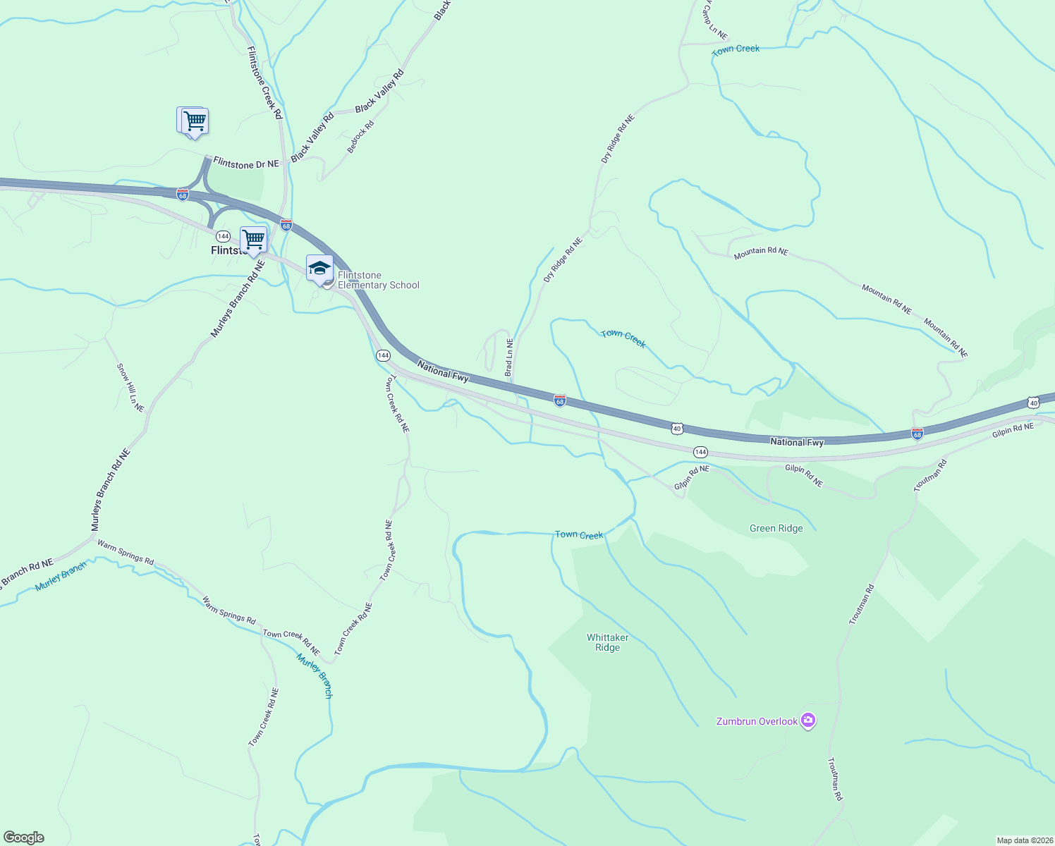 map of restaurants, bars, coffee shops, grocery stores, and more near 22607 Gilpin Road Northeast in Flintstone