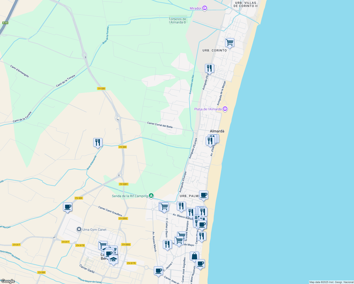 map of restaurants, bars, coffee shops, grocery stores, and more near 38 Plaça Numero 29 in Sagunt