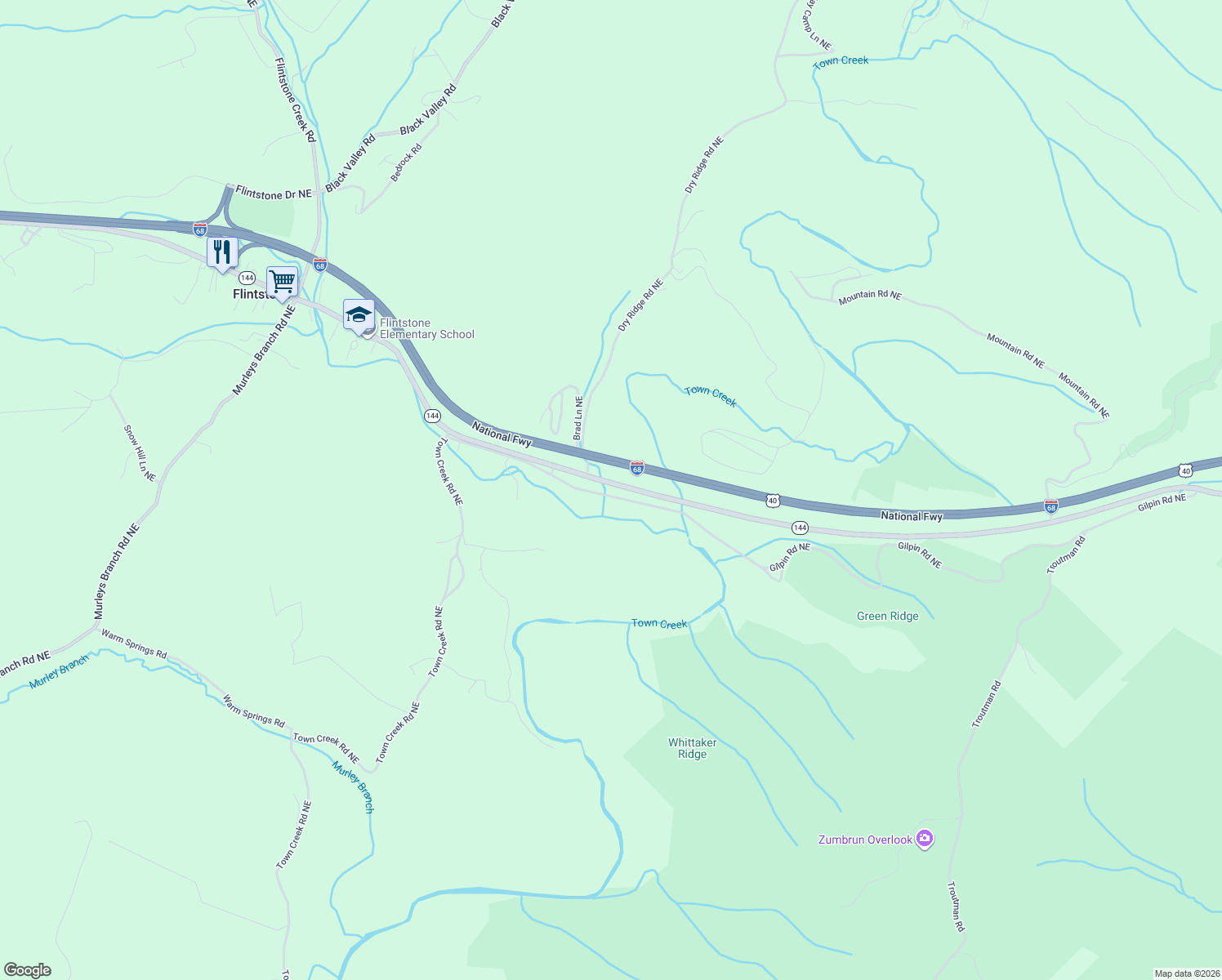 map of restaurants, bars, coffee shops, grocery stores, and more near 22607 Gilpin Road Northeast in Flintstone