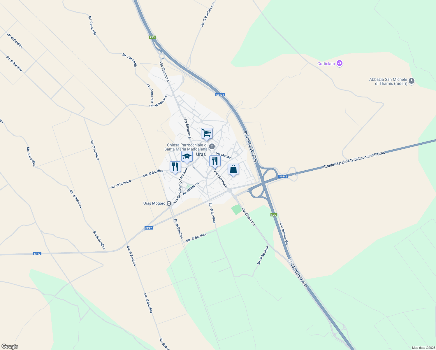 map of restaurants, bars, coffee shops, grocery stores, and more near 6 Via del Quadrifoglio in Uras