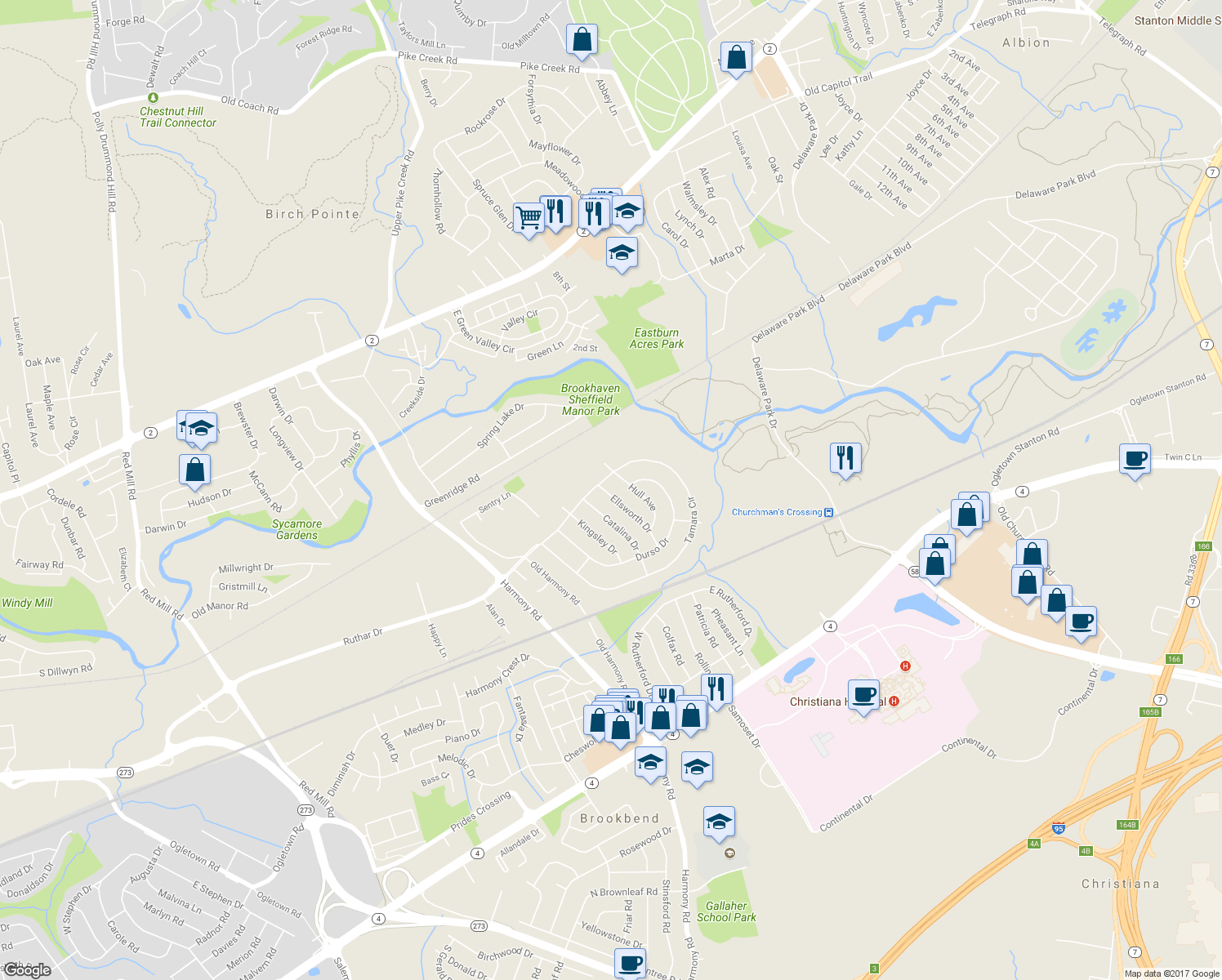 map of restaurants, bars, coffee shops, grocery stores, and more near 200 Ellsworth Drive in Newark