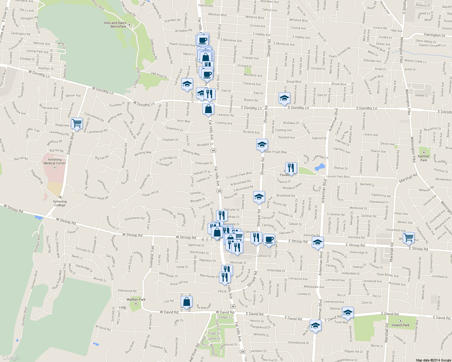 map of restaurants, bars, coffee shops, grocery stores, and more near 128 Lincoln Park Blvd in Dayton