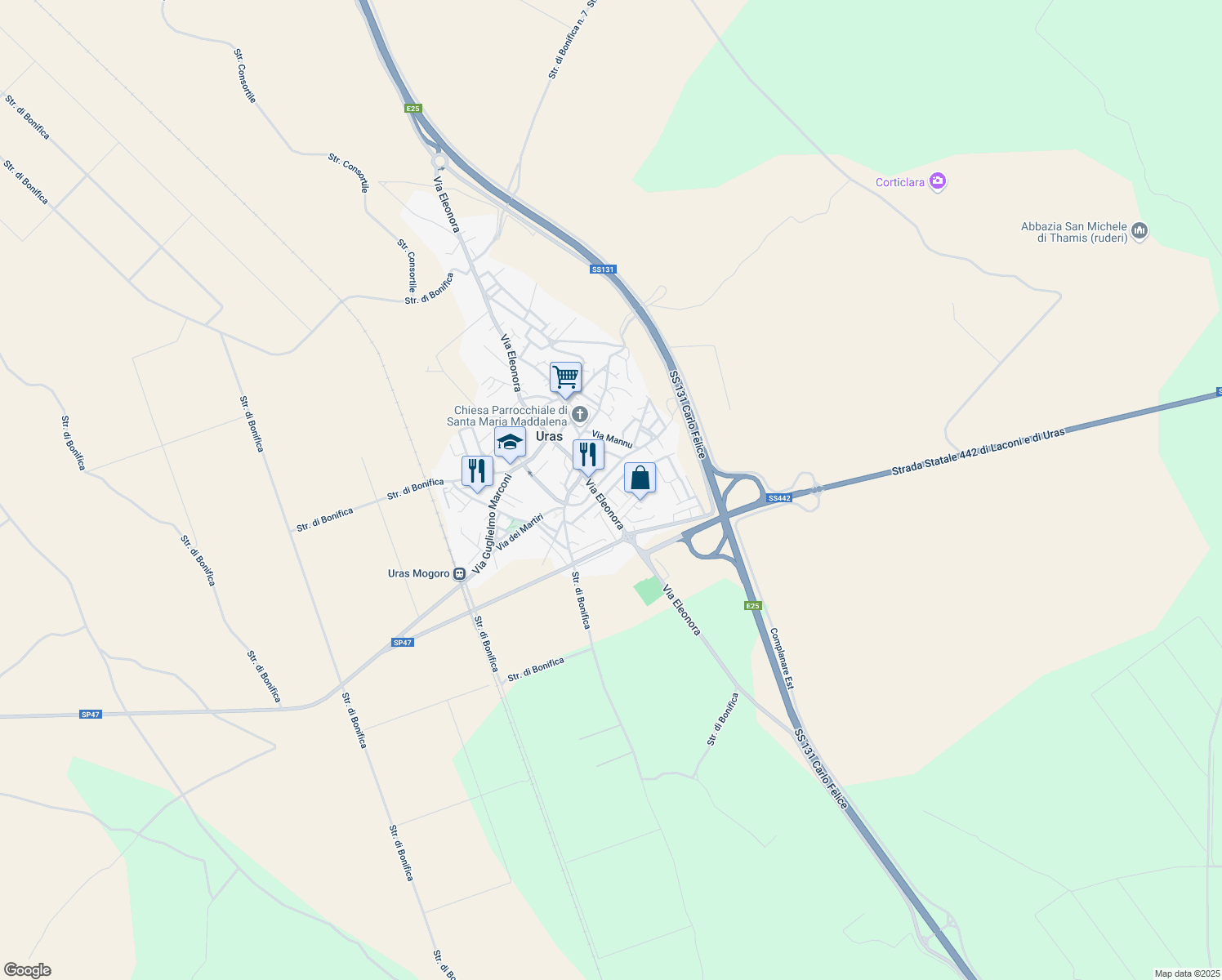 map of restaurants, bars, coffee shops, grocery stores, and more near 6 Via del Quadrifoglio in Uras