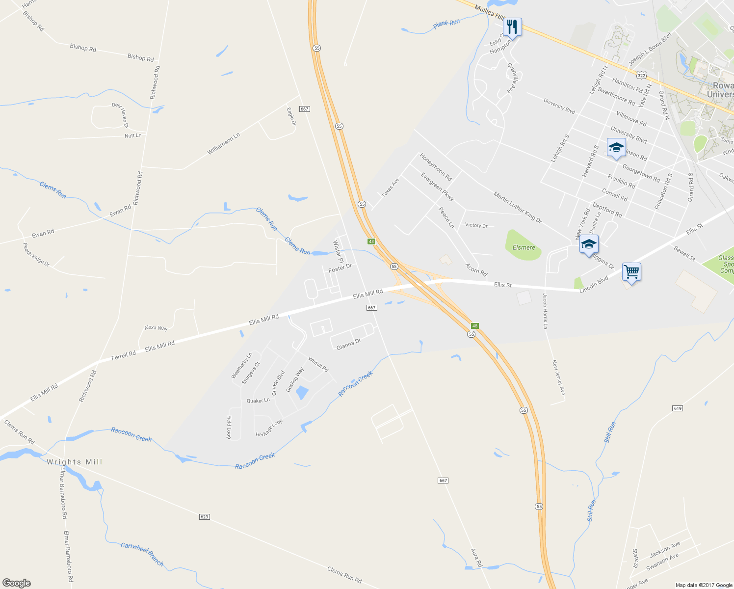 map of restaurants, bars, coffee shops, grocery stores, and more near 464 Aura Rd in Glassboro