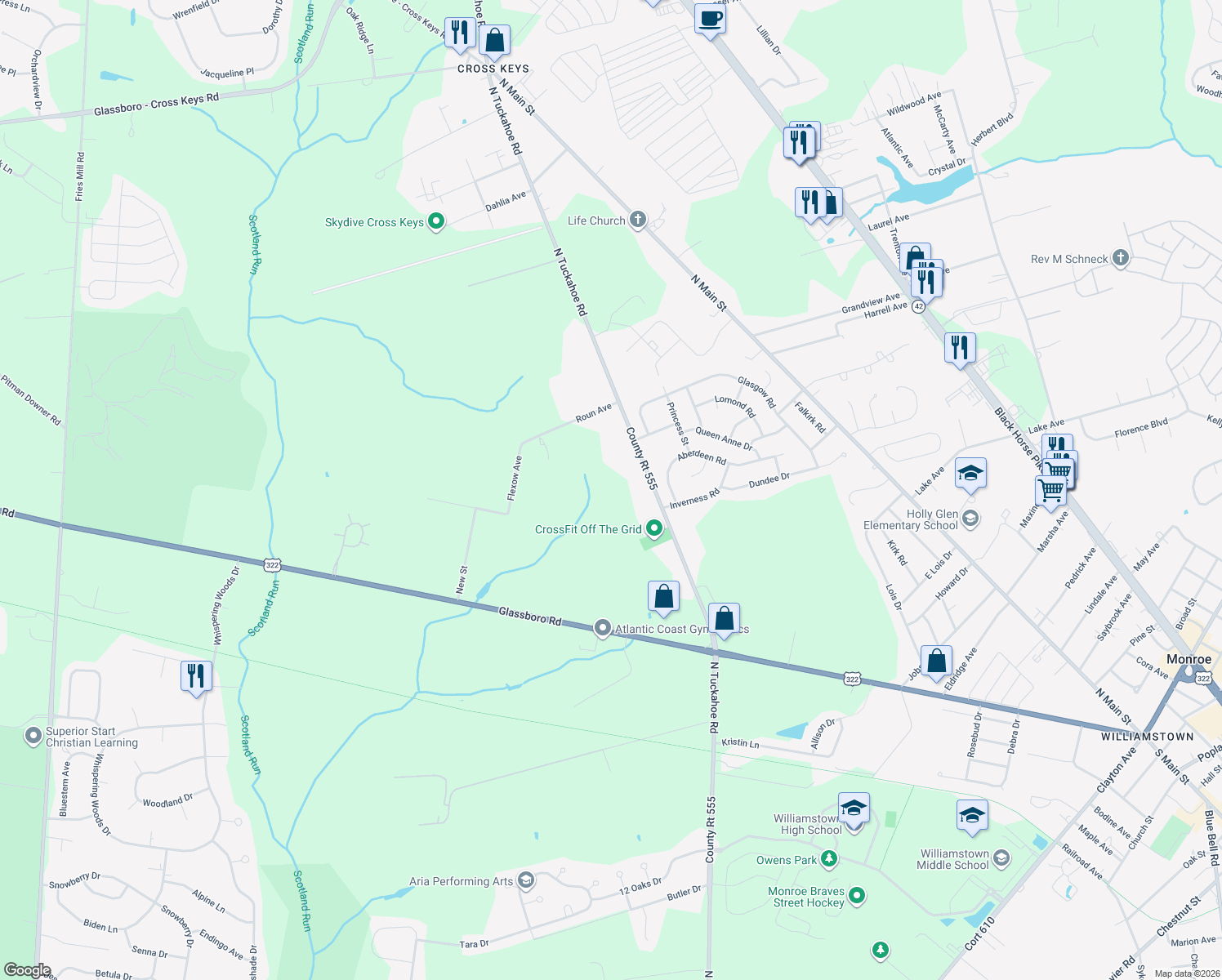 map of restaurants, bars, coffee shops, grocery stores, and more near 1251 North Tuckahoe Road in Monroe Township