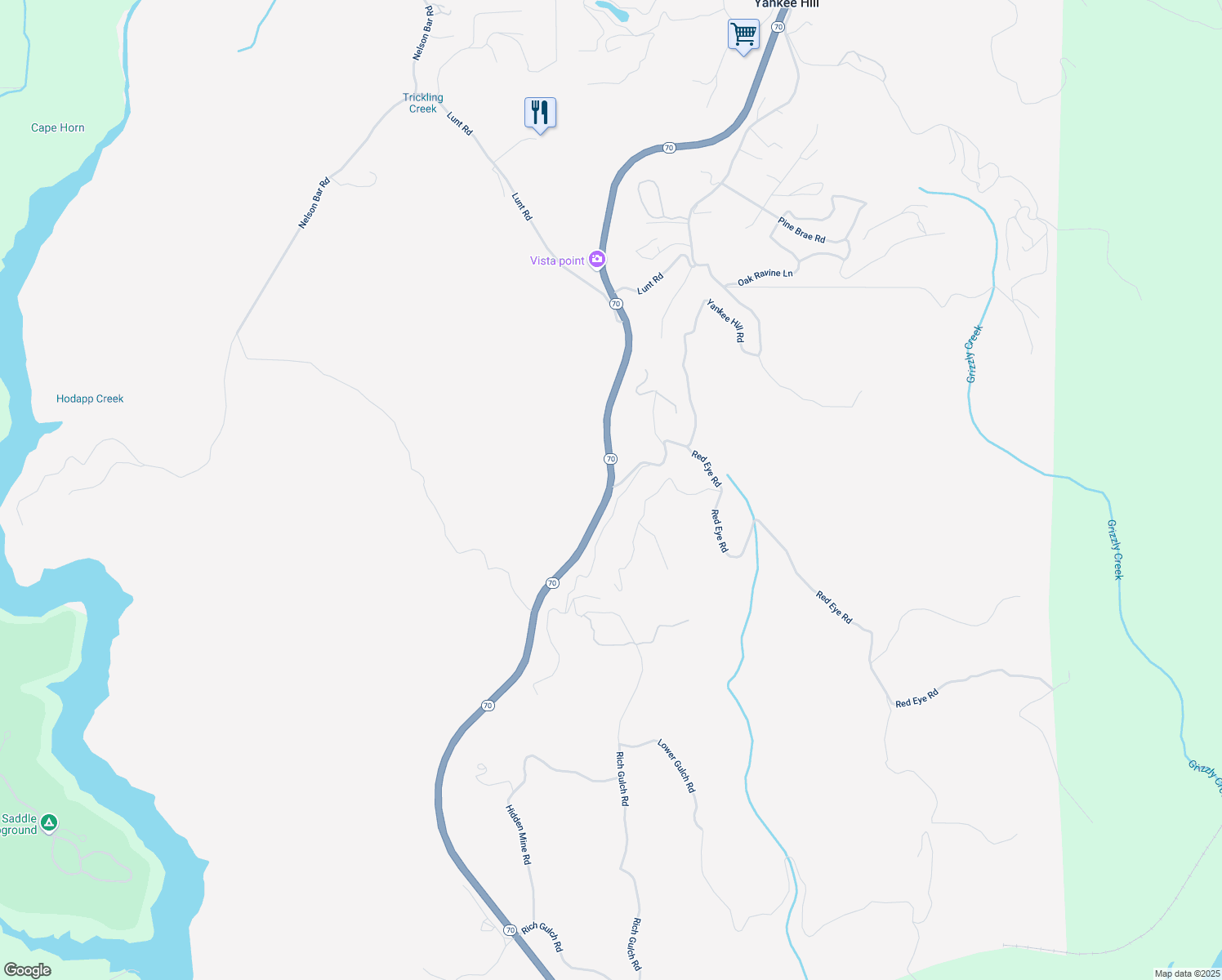 map of restaurants, bars, coffee shops, grocery stores, and more near Highway 70 in Concow