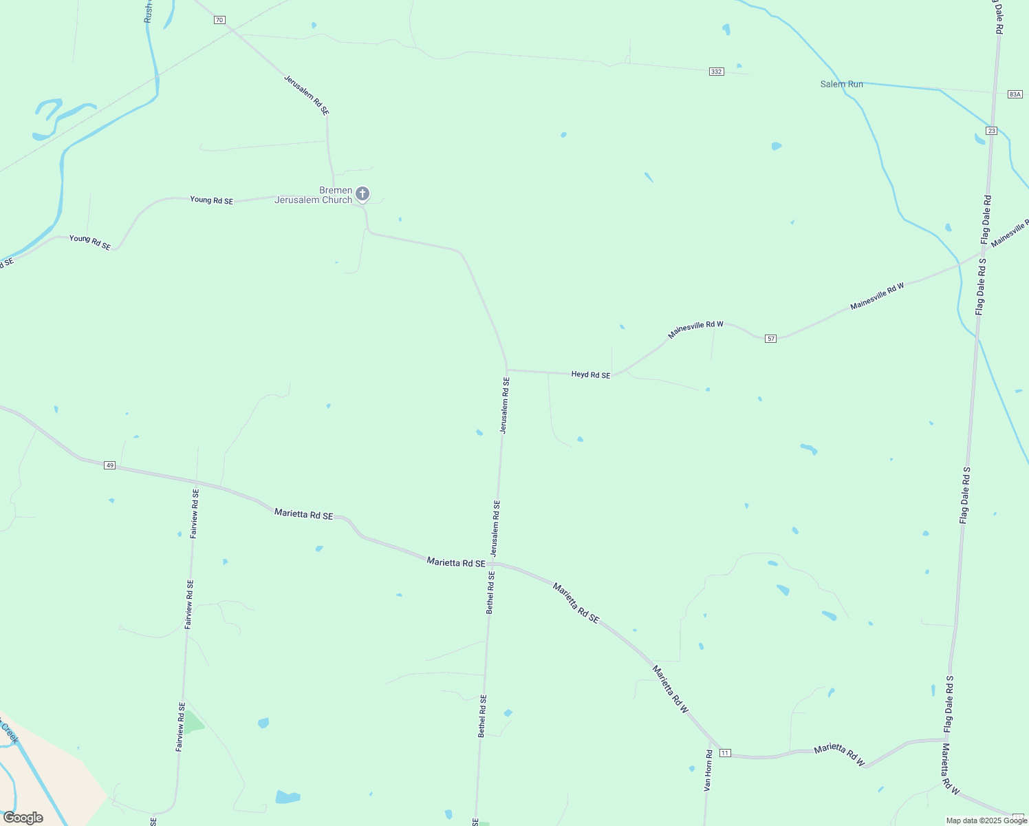 map of restaurants, bars, coffee shops, grocery stores, and more near 1150 Jerusalem Road Southeast in Bremen