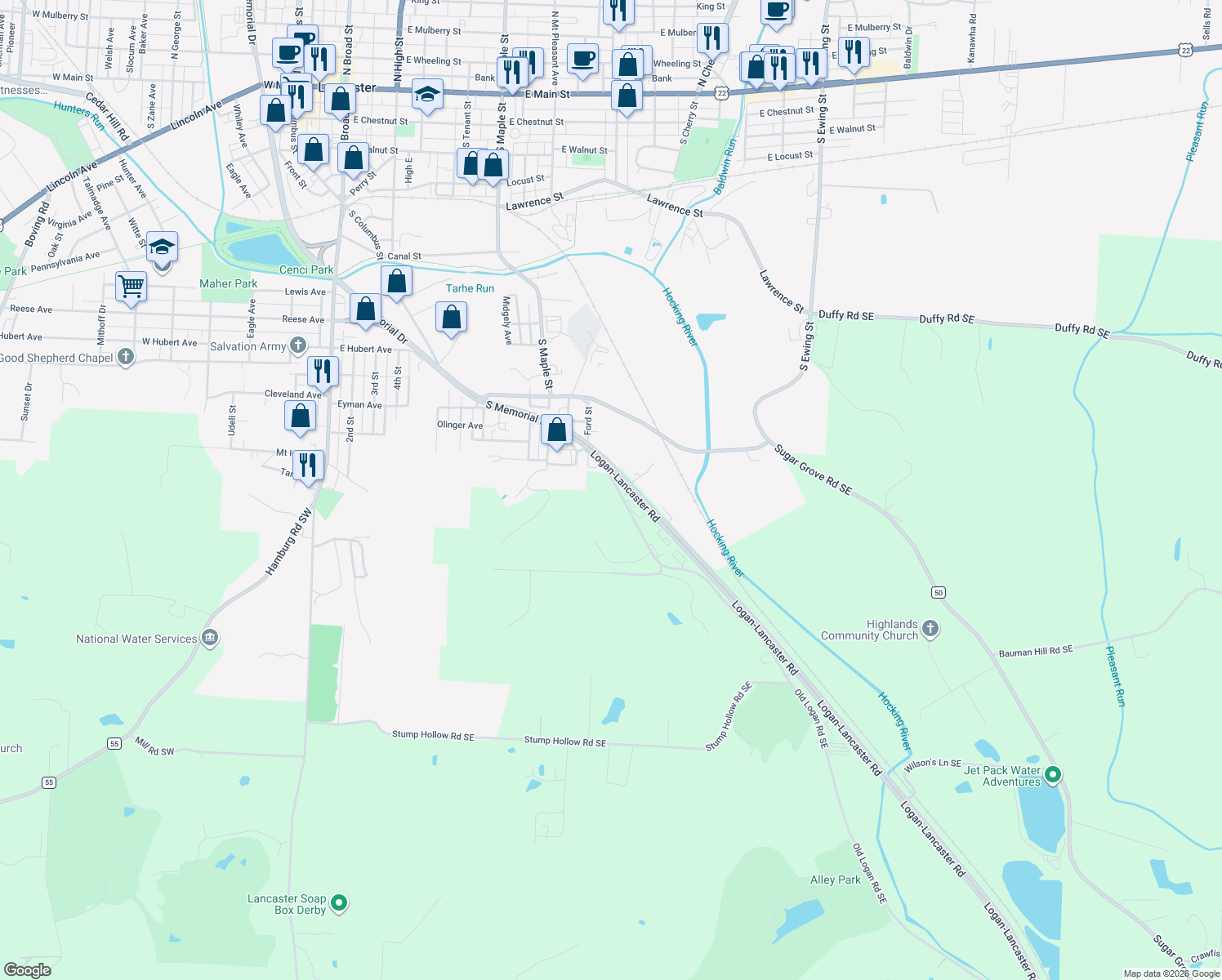 map of restaurants, bars, coffee shops, grocery stores, and more near 1775 Old Logan Road Southeast in Lancaster