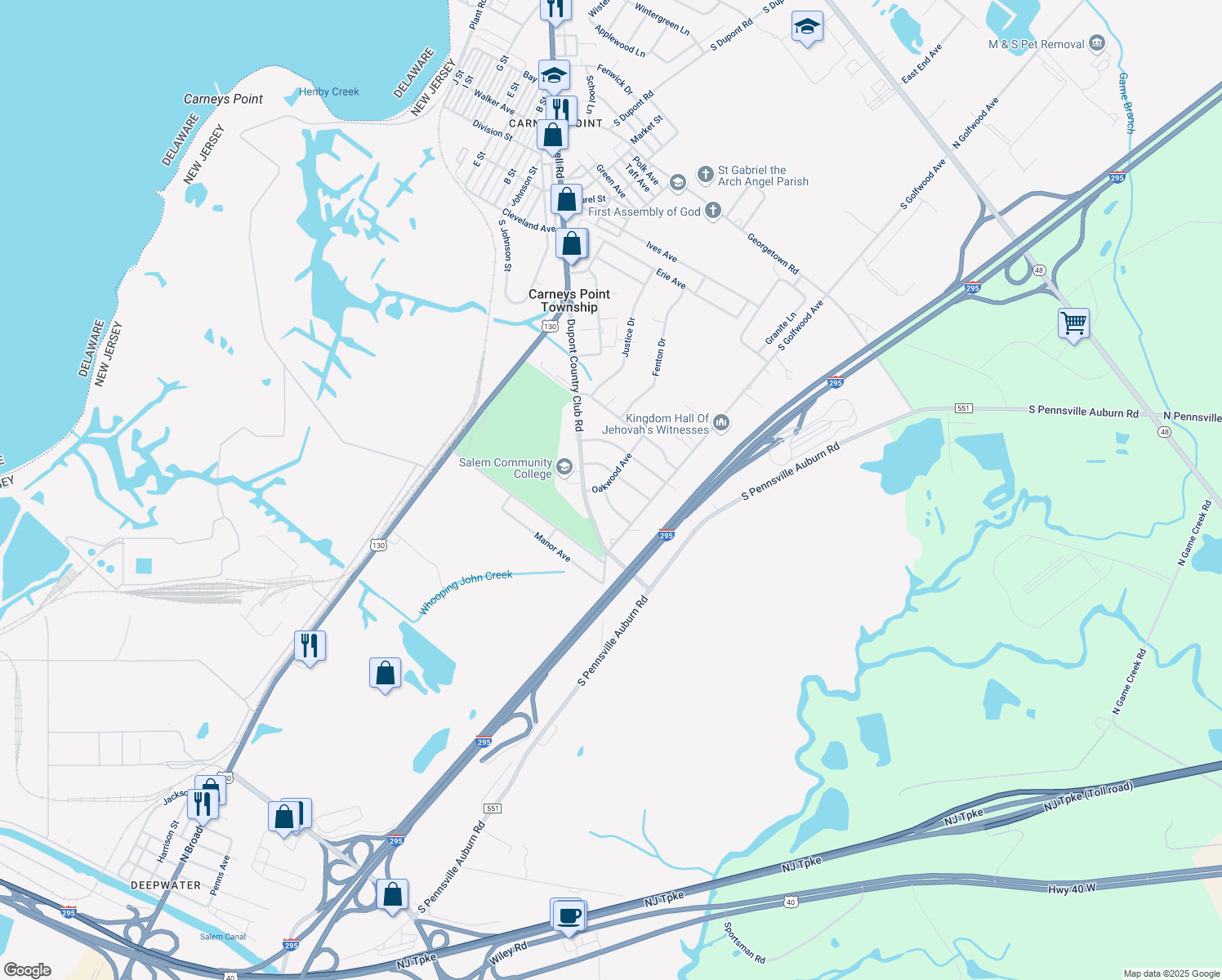 map of restaurants, bars, coffee shops, grocery stores, and more near 445 Fairway Court in Carneys Point Township