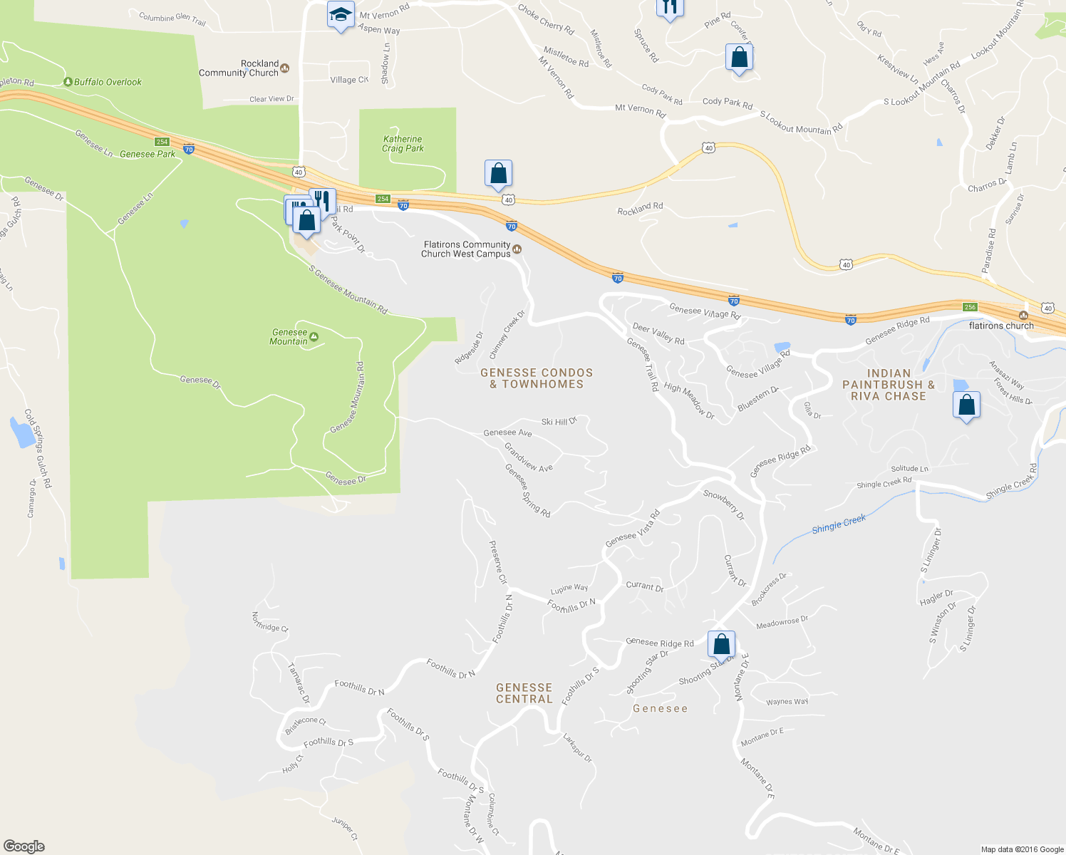 map of restaurants, bars, coffee shops, grocery stores, and more near 24885 Genesee Avenue in Golden