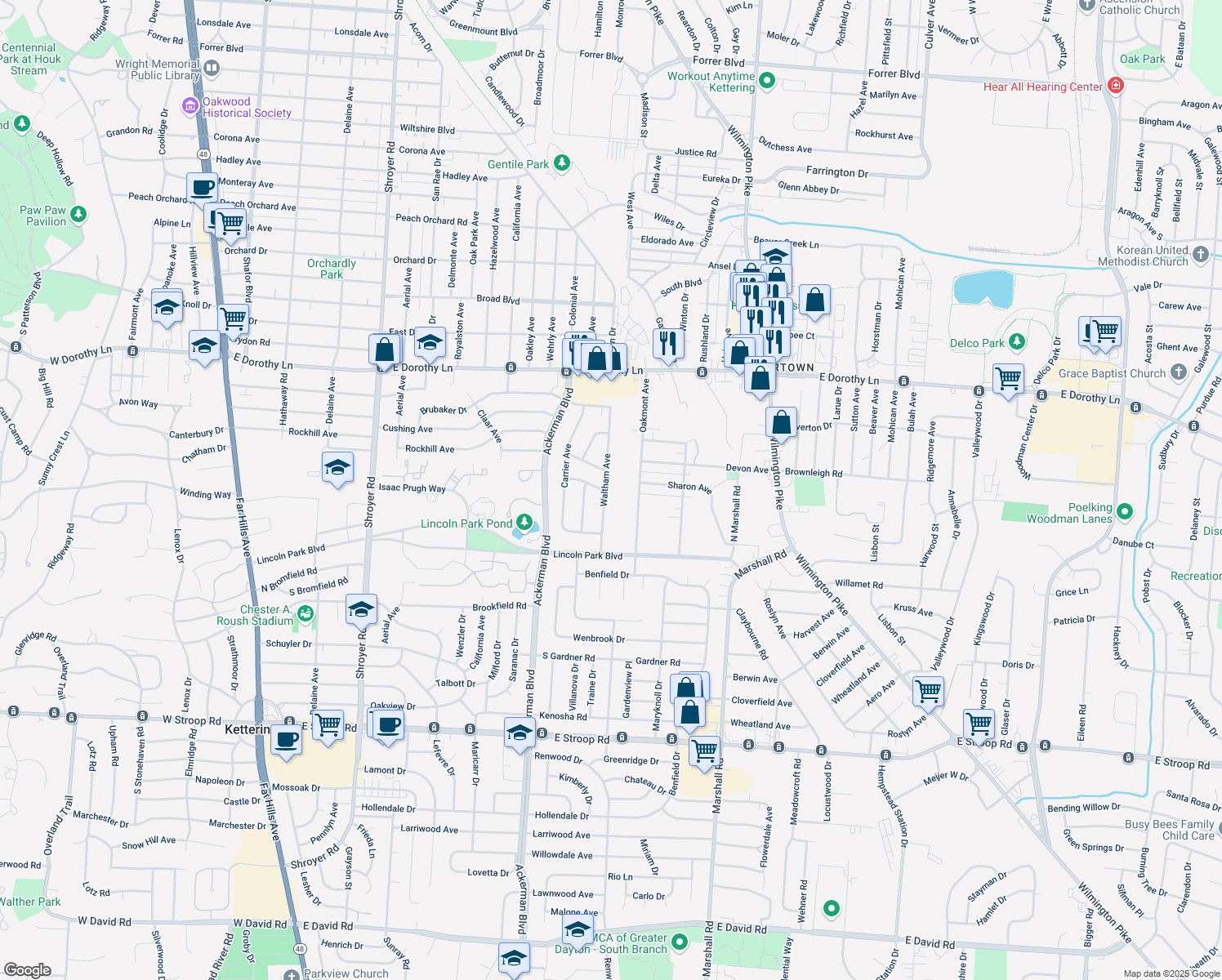 map of restaurants, bars, coffee shops, grocery stores, and more near 3266 Waltham Avenue in Dayton