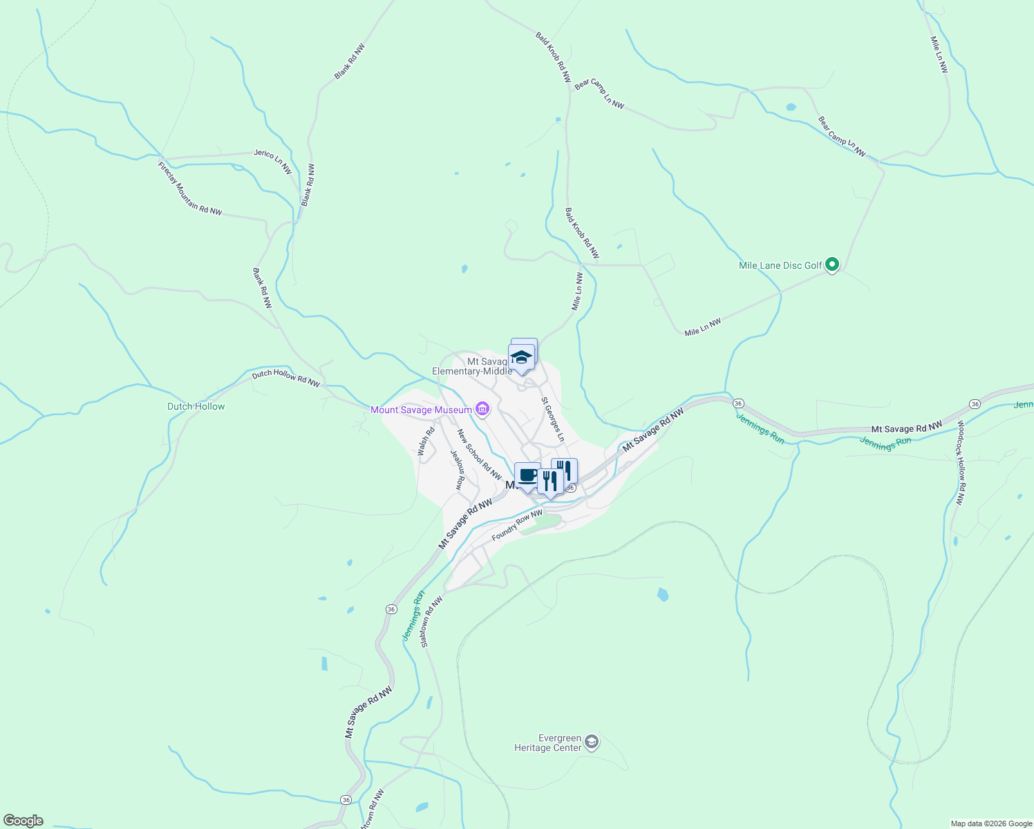 map of restaurants, bars, coffee shops, grocery stores, and more near 12908 Upper New Row Road in Mount Savage