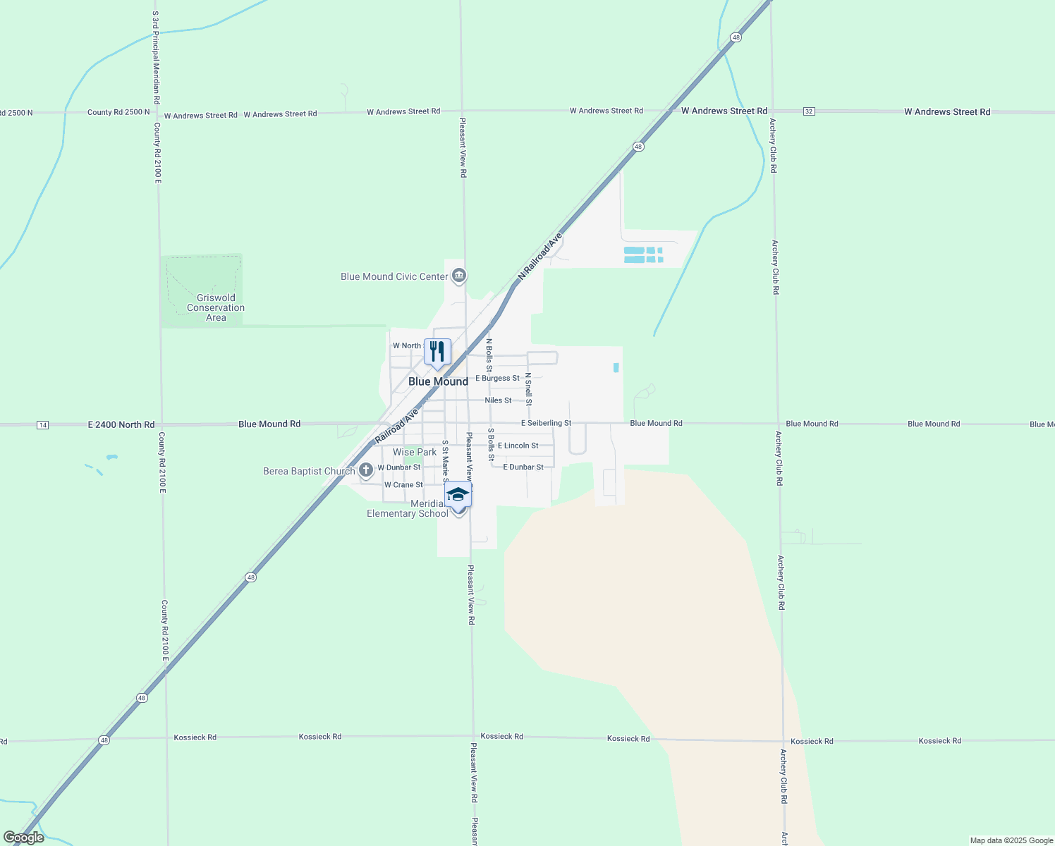 map of restaurants, bars, coffee shops, grocery stores, and more near 298 E Seiberling St in Blue Mound