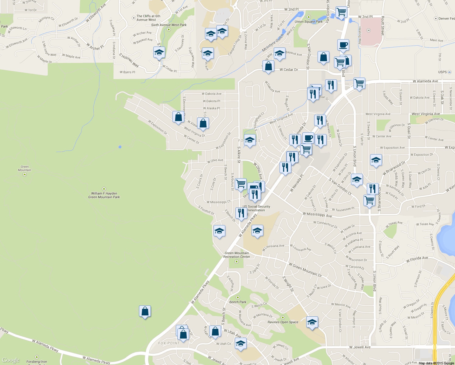 map of restaurants, bars, coffee shops, grocery stores, and more near 866 S Cole Dr in Lakewood