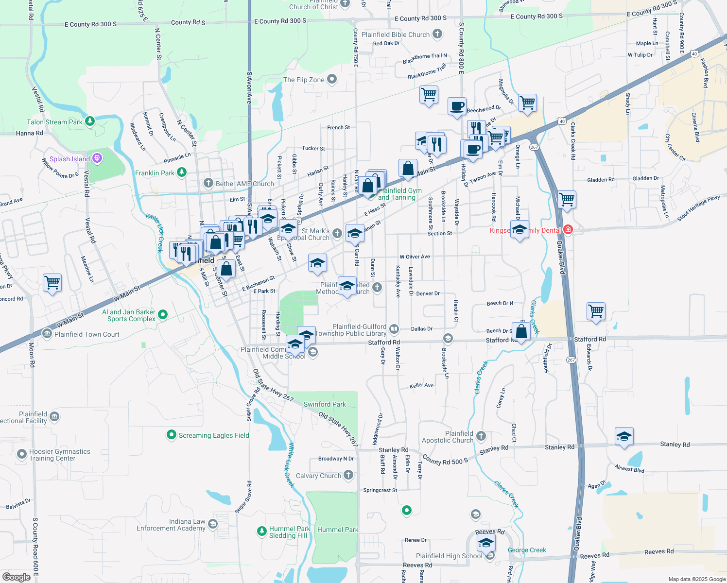 map of restaurants, bars, coffee shops, grocery stores, and more near 607 South Carr Road in Plainfield
