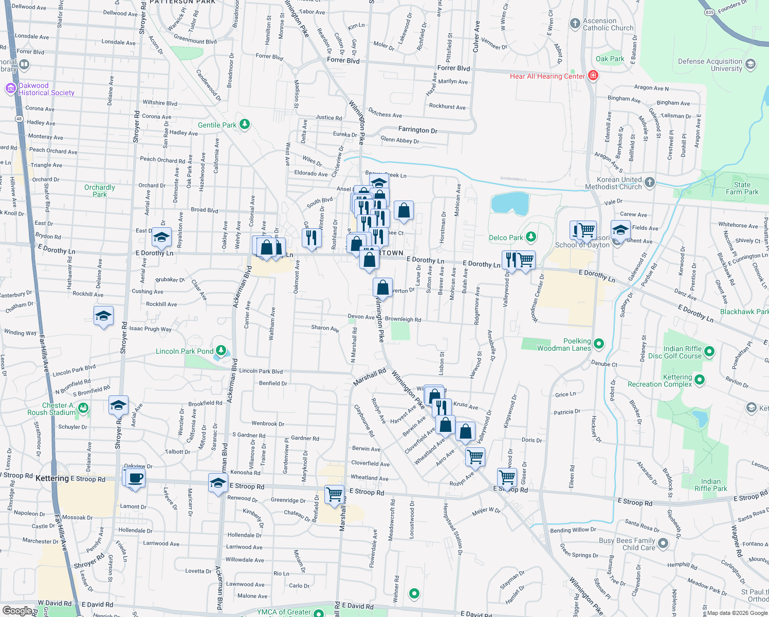 map of restaurants, bars, coffee shops, grocery stores, and more near 3122 Wilmington Pike in Kettering