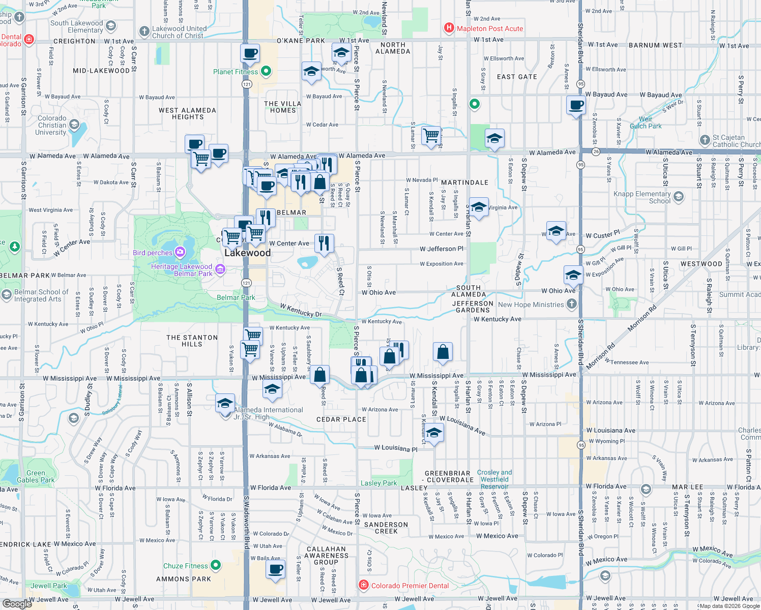 map of restaurants, bars, coffee shops, grocery stores, and more near 6550 West Ohio Avenue in Lakewood