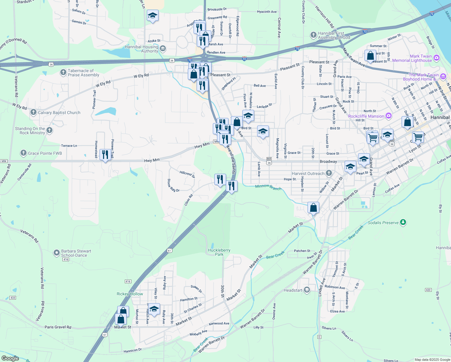 map of restaurants, bars, coffee shops, grocery stores, and more near 421 Clinic Road in Hannibal
