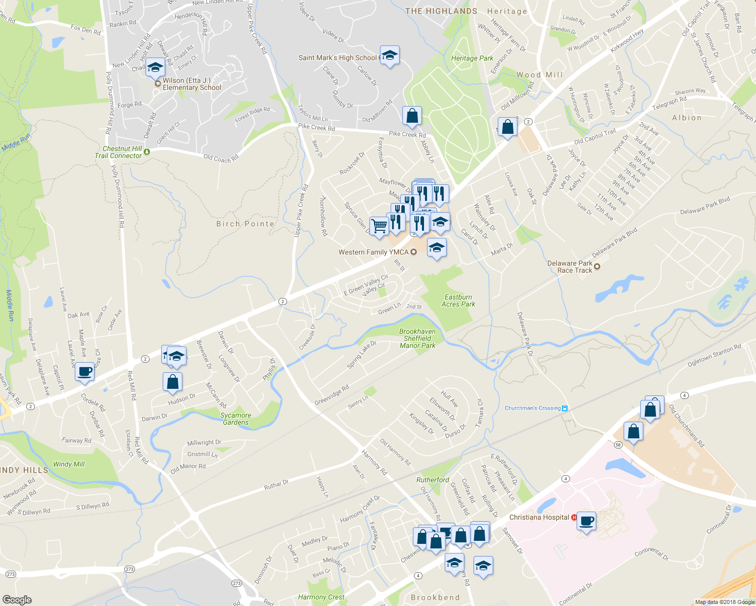 map of restaurants, bars, coffee shops, grocery stores, and more near 127 East Green Valley Circle in Newark