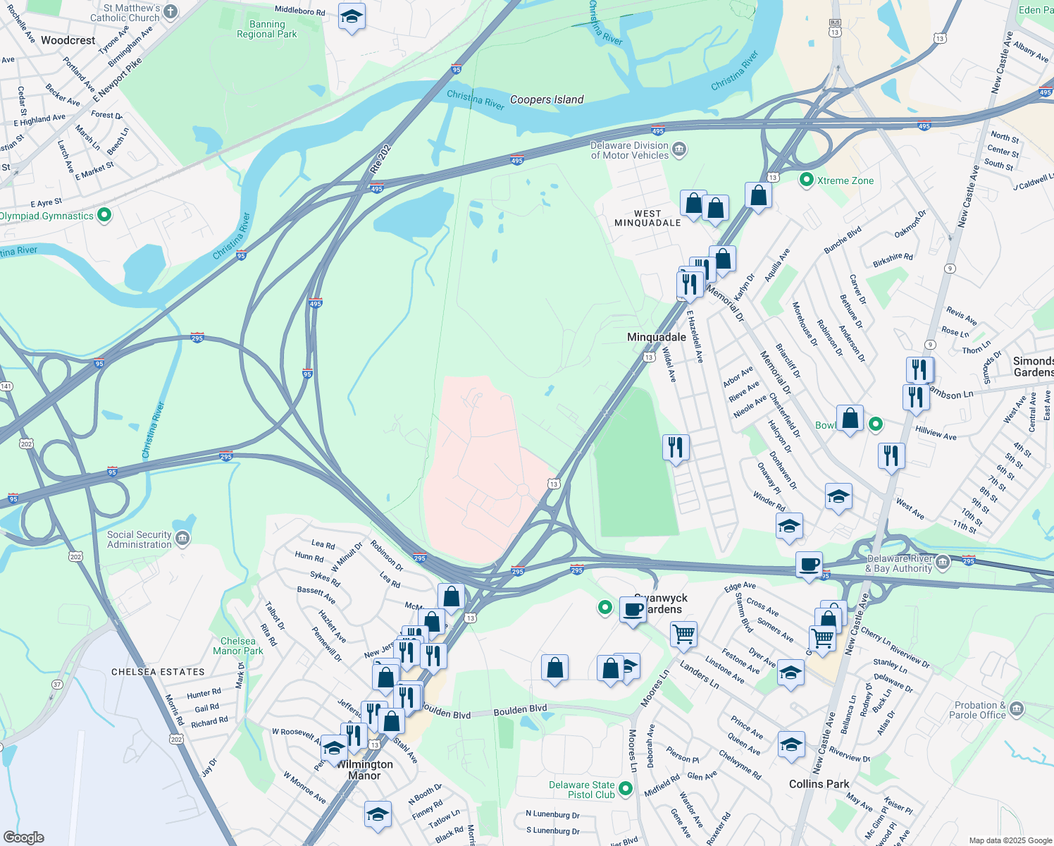 map of restaurants, bars, coffee shops, grocery stores, and more near 106 Lovelace Avenue in New Castle