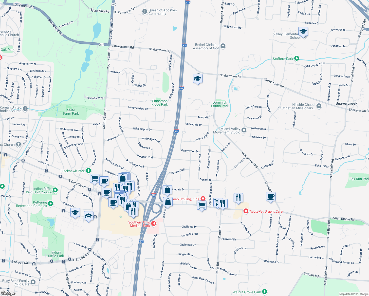 map of restaurants, bars, coffee shops, grocery stores, and more near 4172 Pennywood Drive in Dayton
