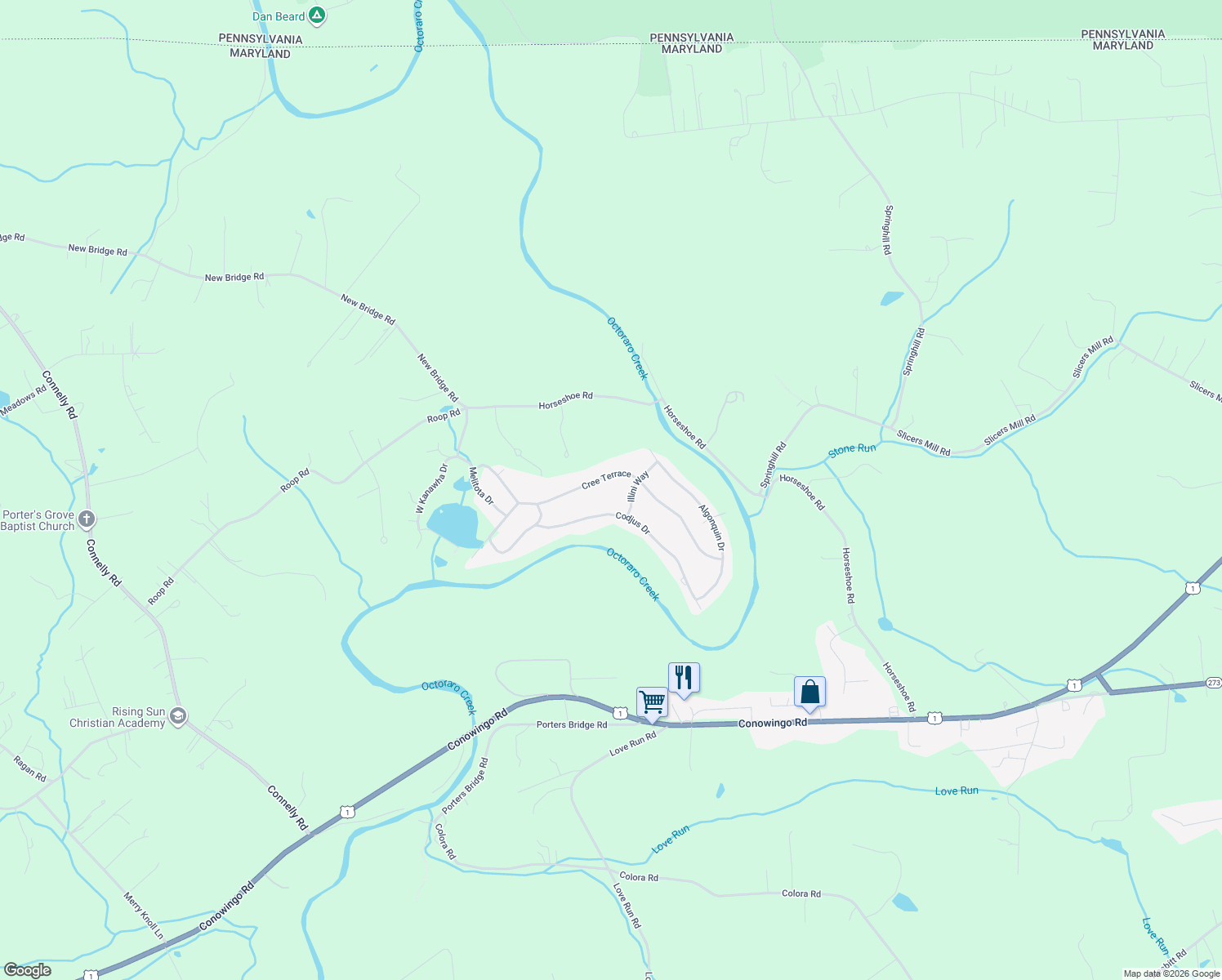 map of restaurants, bars, coffee shops, grocery stores, and more near 176 Cree Terrace in Rising Sun