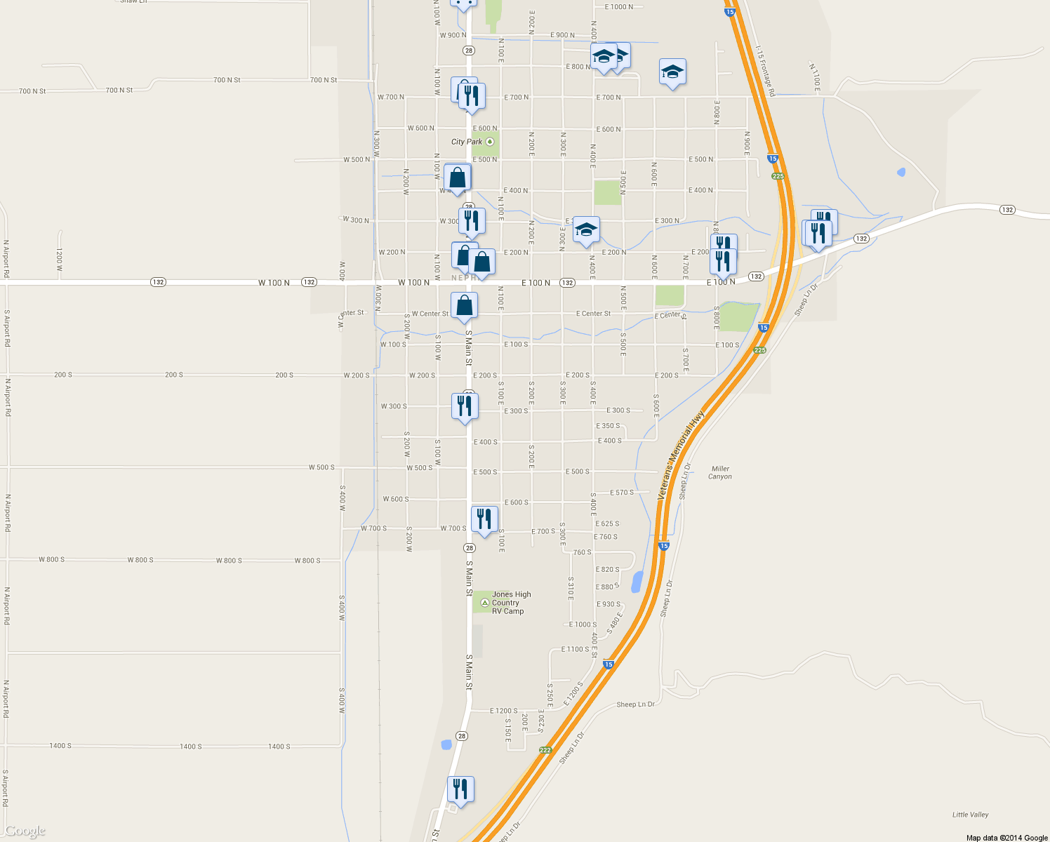 map of restaurants, bars, coffee shops, grocery stores, and more near 330 S 200 E in Nephi