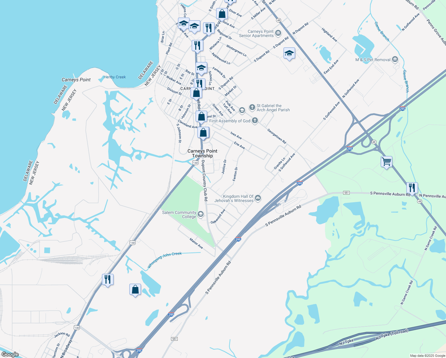 map of restaurants, bars, coffee shops, grocery stores, and more near 319 Justice Drive in Carneys Point Township