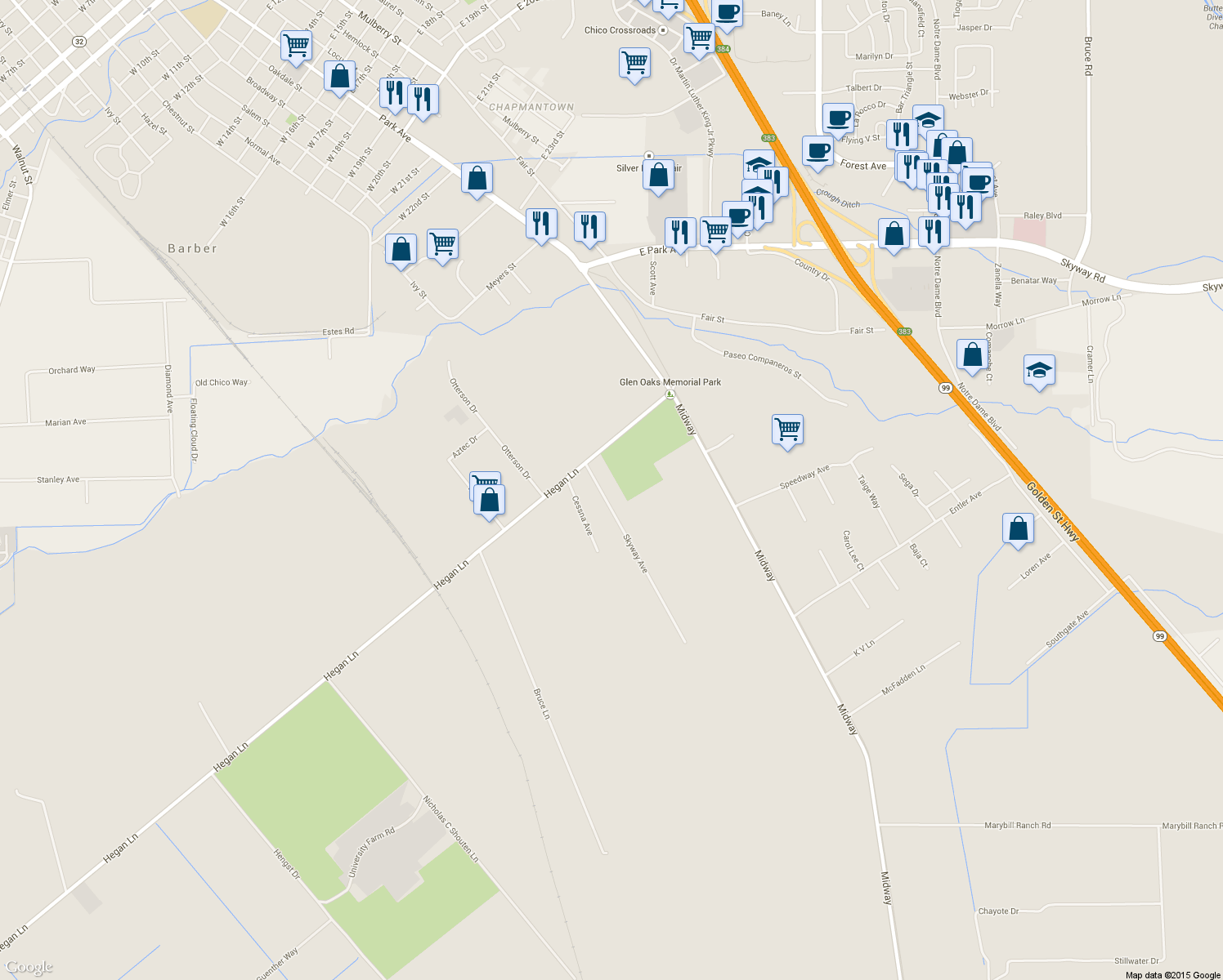 map of restaurants, bars, coffee shops, grocery stores, and more near 737 Skyway Avenue in Chico