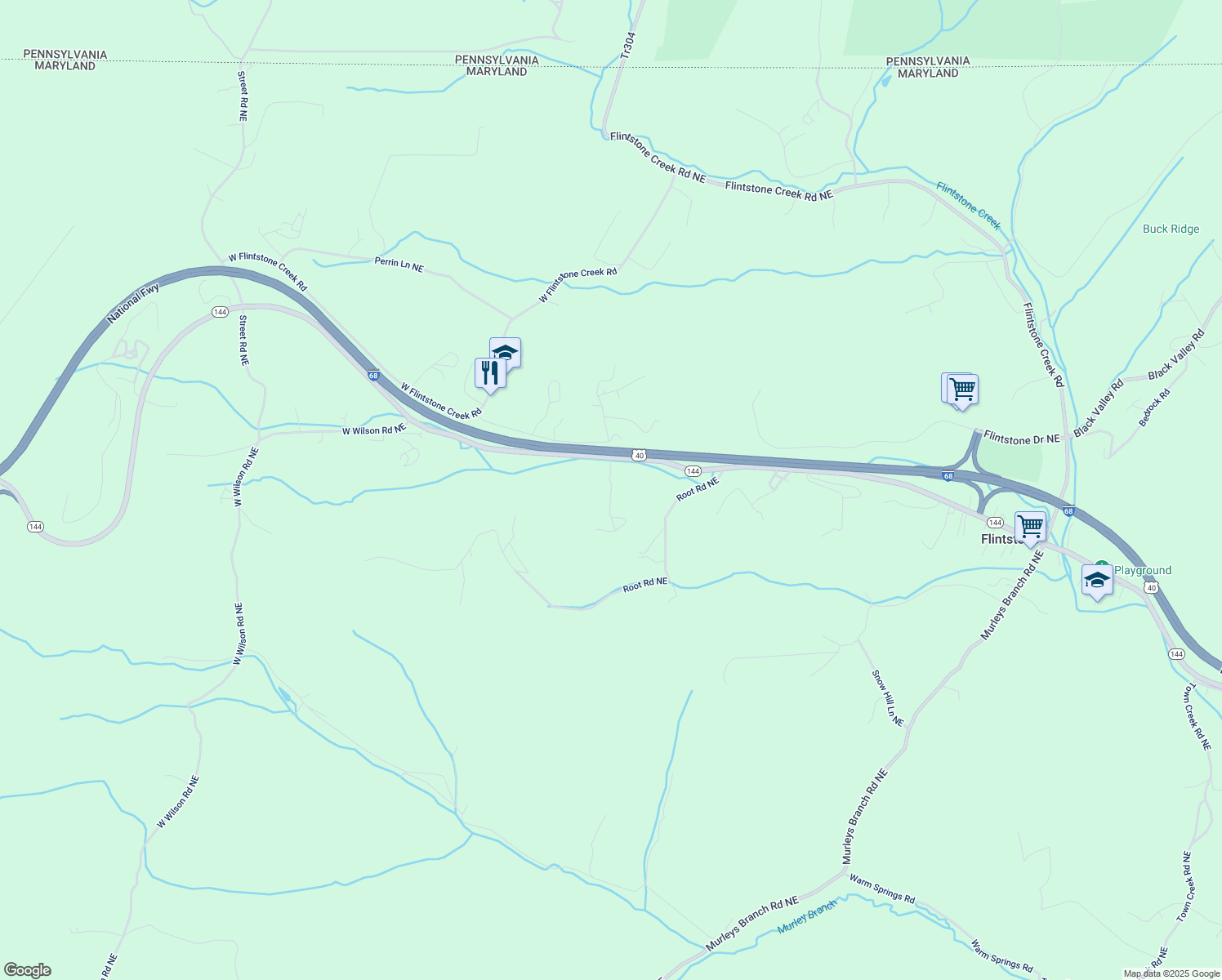 map of restaurants, bars, coffee shops, grocery stores, and more near 13201 Jims Lane Northeast in Flintstone