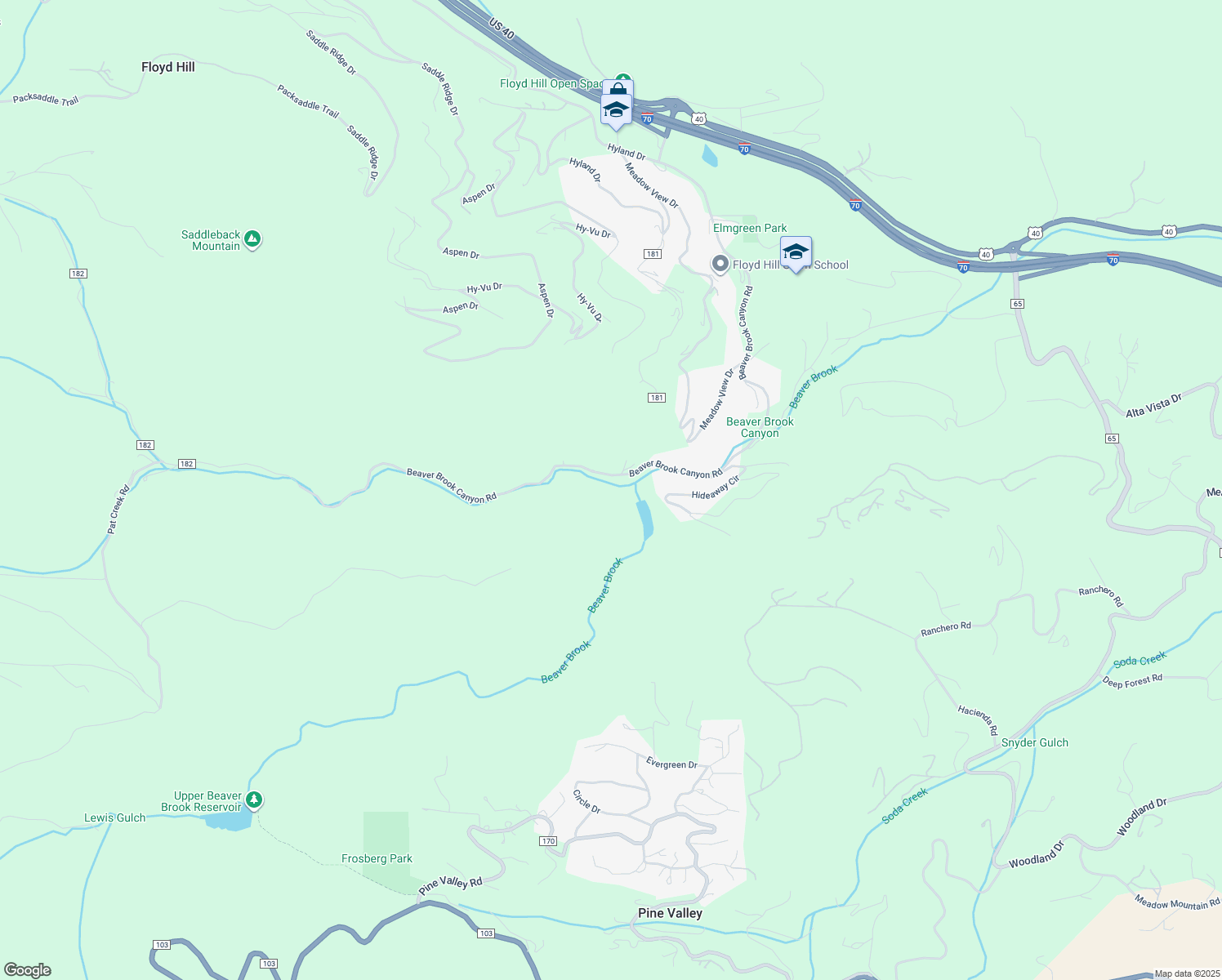map of restaurants, bars, coffee shops, grocery stores, and more near 1385 Beaver Brook Canyon Road in Evergreen