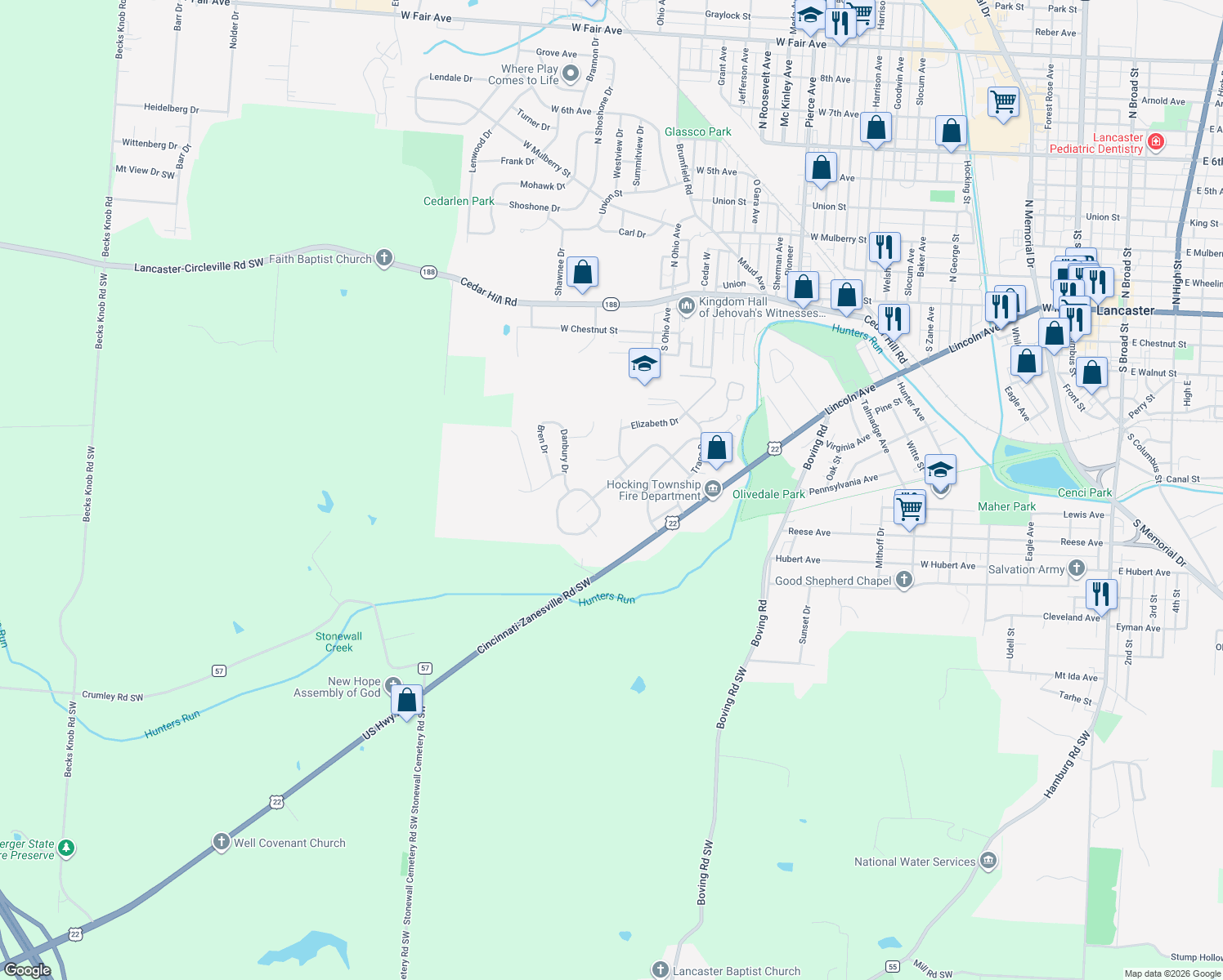 map of restaurants, bars, coffee shops, grocery stores, and more near 442 Ridgemere Way in Lancaster