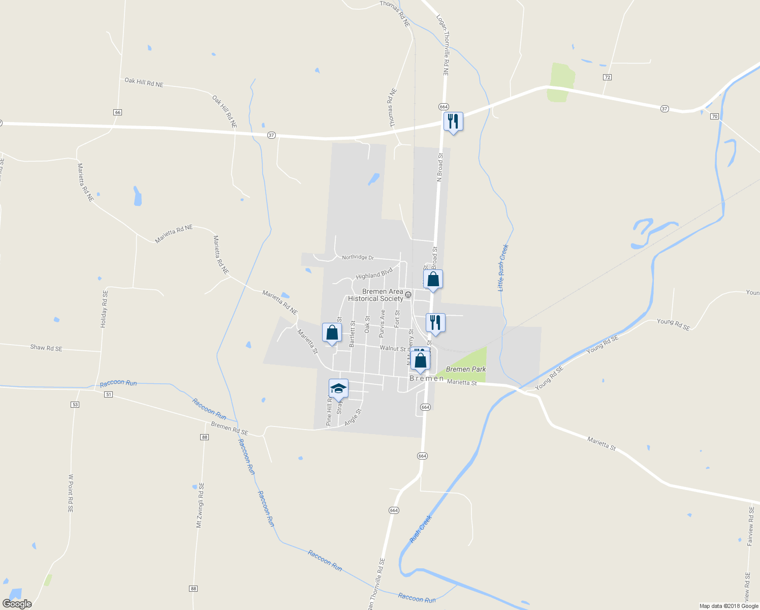 map of restaurants, bars, coffee shops, grocery stores, and more near 347 Purvis Avenue in Bremen