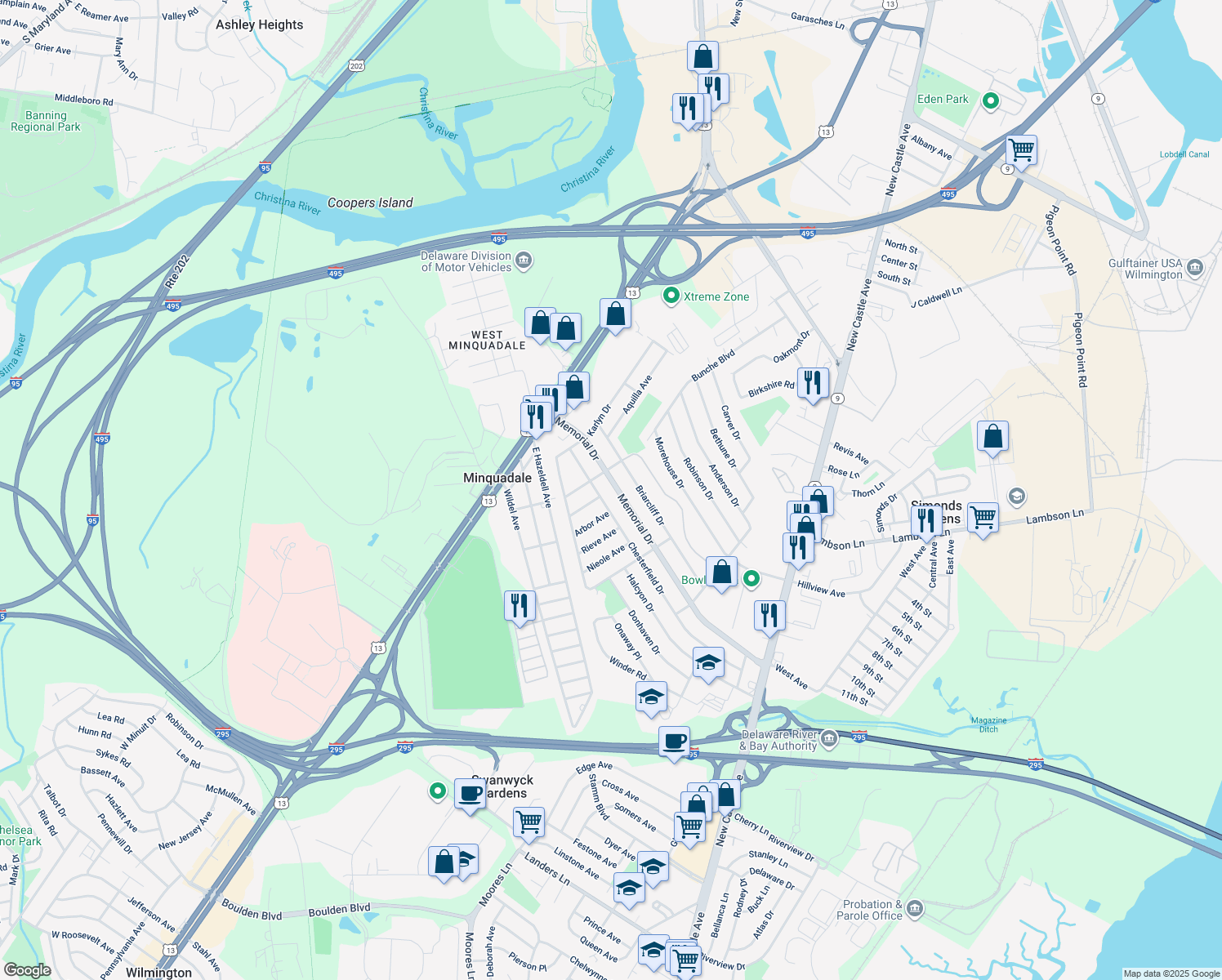 map of restaurants, bars, coffee shops, grocery stores, and more near 96 Memorial Drive in New Castle