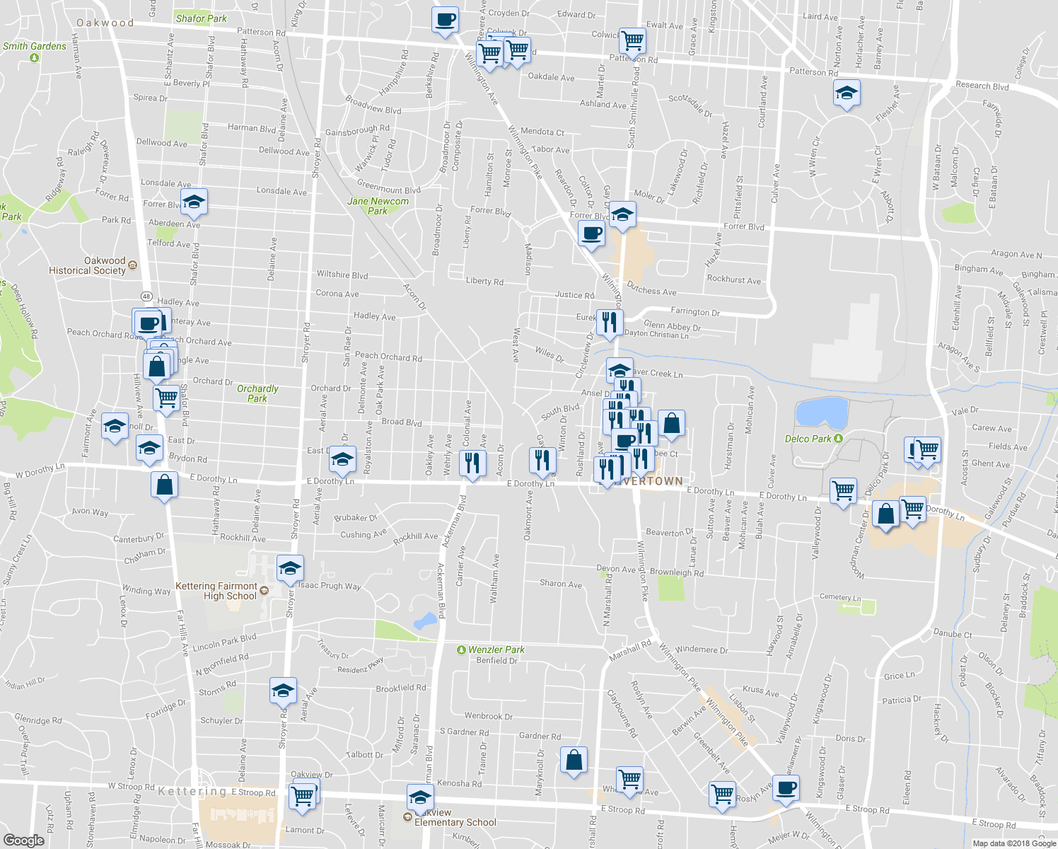 map of restaurants, bars, coffee shops, grocery stores, and more near 2763 Gaylord Avenue in Dayton