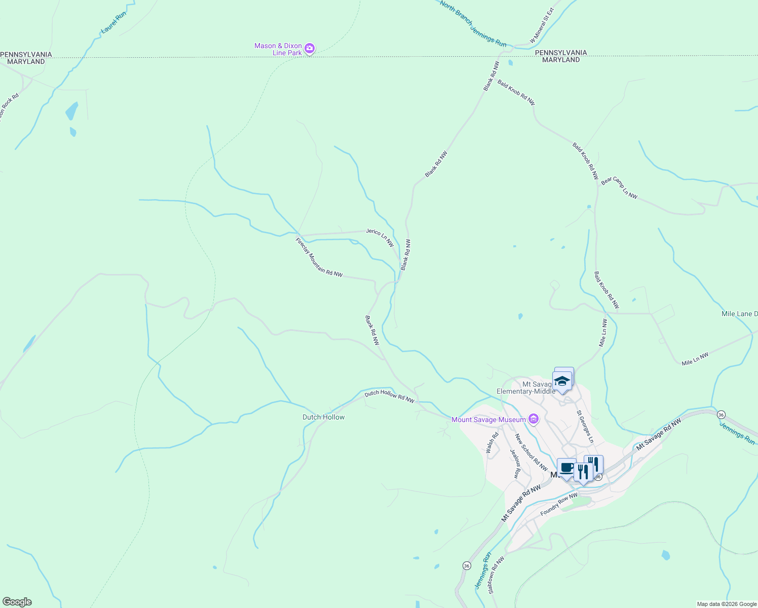map of restaurants, bars, coffee shops, grocery stores, and more near 13518 Blank Road Northwest in Mount Savage