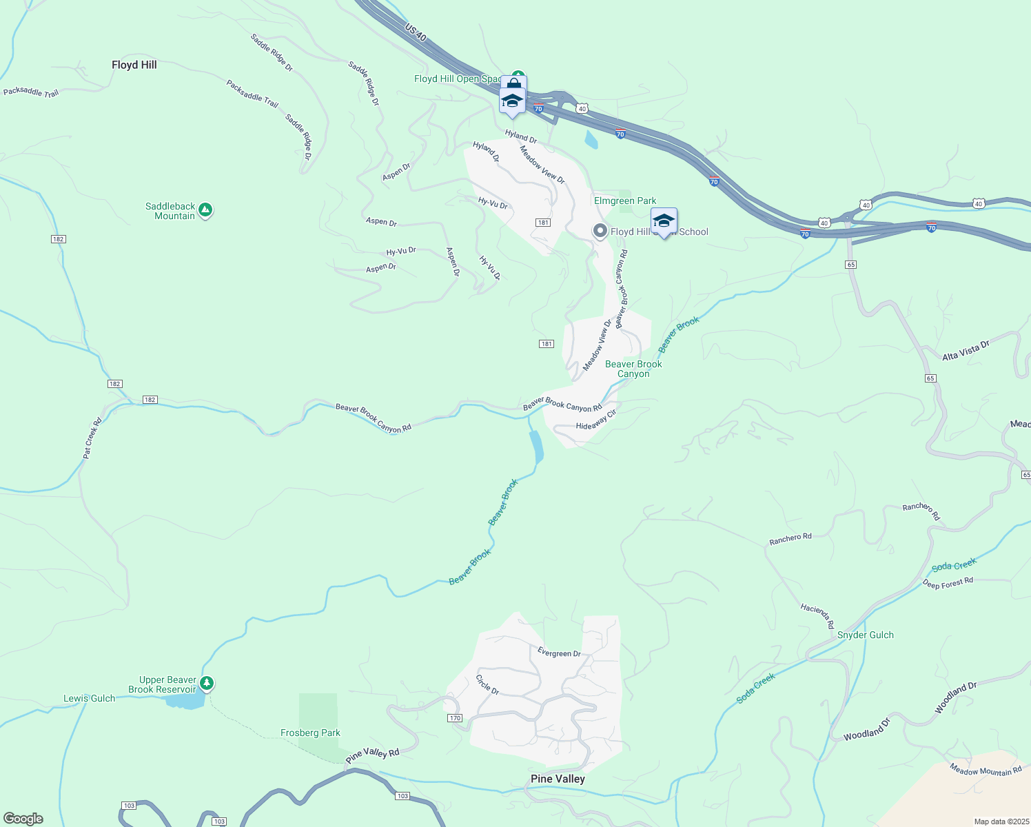 map of restaurants, bars, coffee shops, grocery stores, and more near 1385 Beaver Brook Canyon Road in Evergreen
