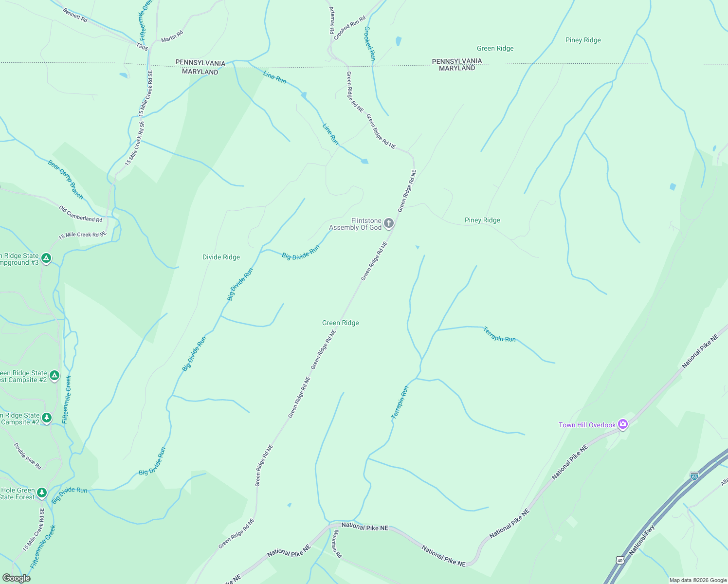 map of restaurants, bars, coffee shops, grocery stores, and more near 13102 Green Ridge Road Northeast in Flintstone
