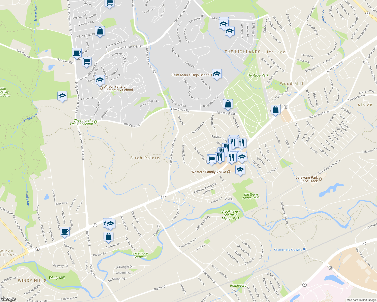 map of restaurants, bars, coffee shops, grocery stores, and more near 172 Rockrose Drive in Newark